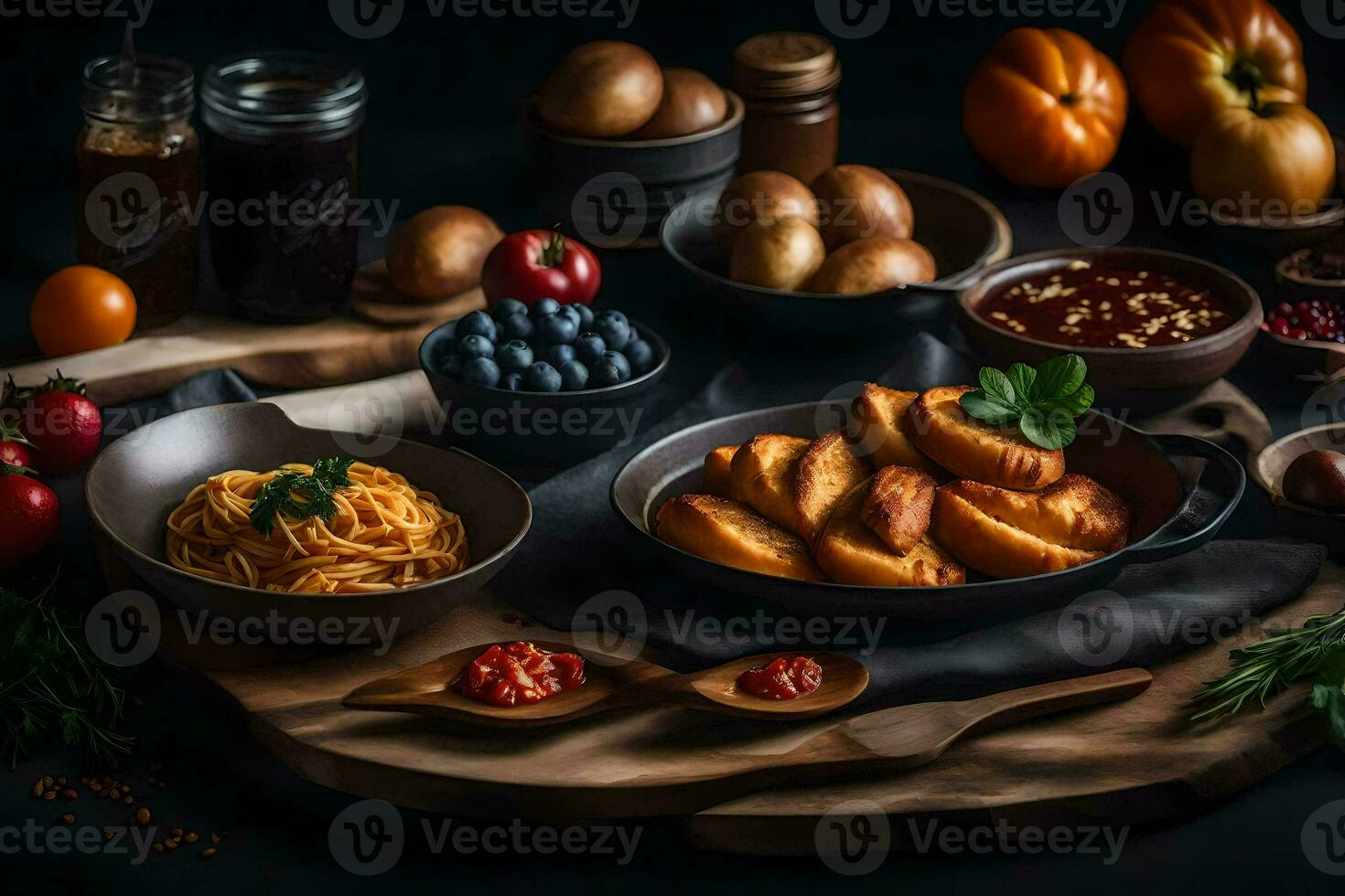 a table with various dishes of food. AI-Generated photo