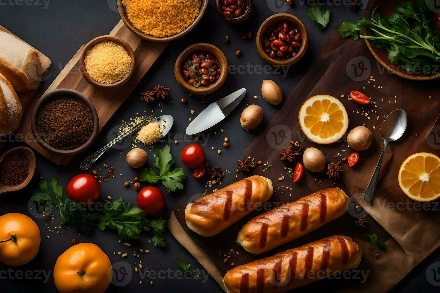 food ingredients on a black background. AI-Generated photo