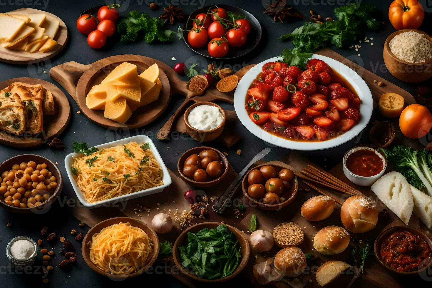 various foods and ingredients are arranged on a table. AI-Generated photo