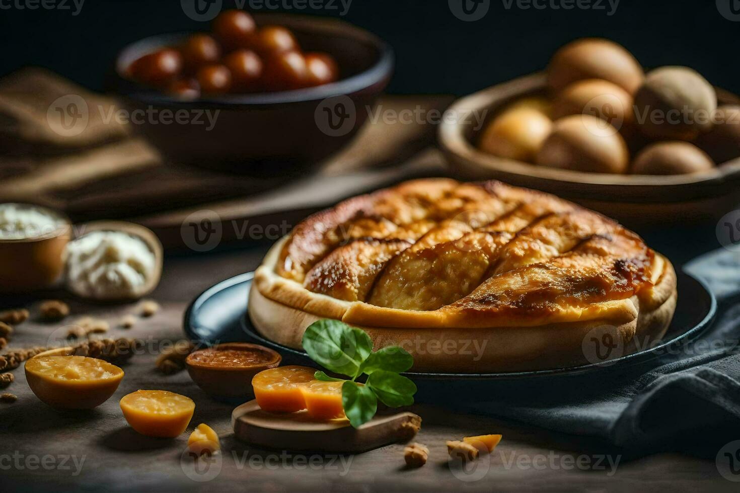 a pie with eggs and nuts on a table. AI-Generated photo