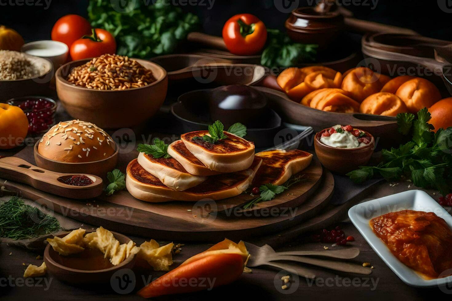 various foods on a wooden table. AI-Generated photo