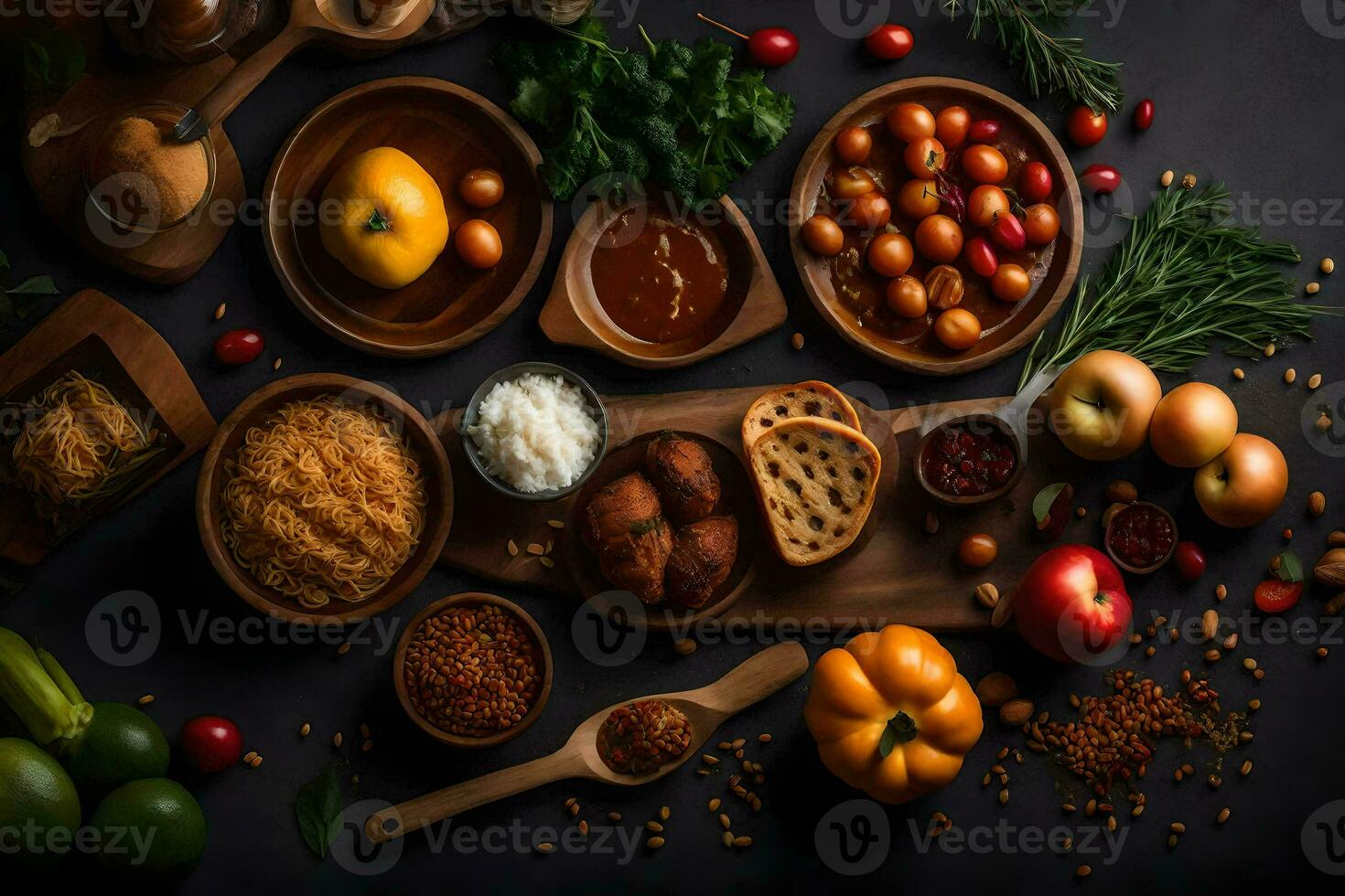 various types of food on a black background. AI-Generated photo