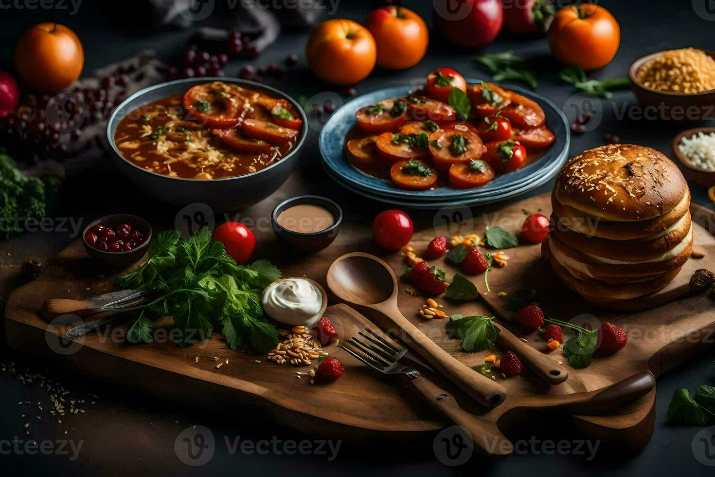 a table with food and bowls of food. AI-Generated photo