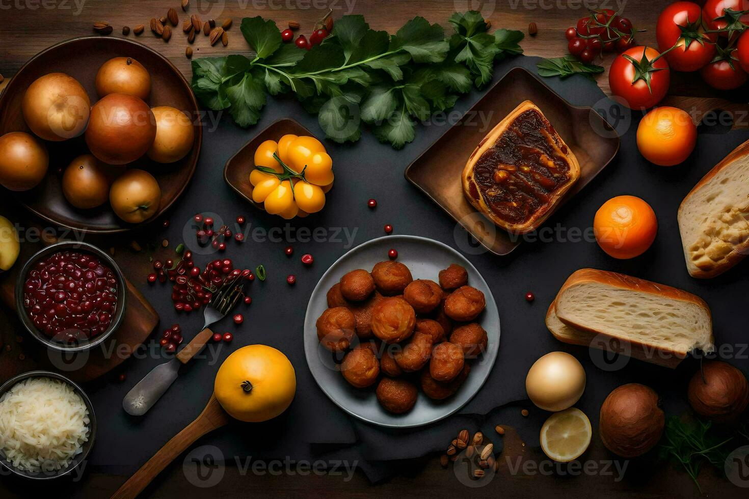 various foods are arranged on a table. AI-Generated photo