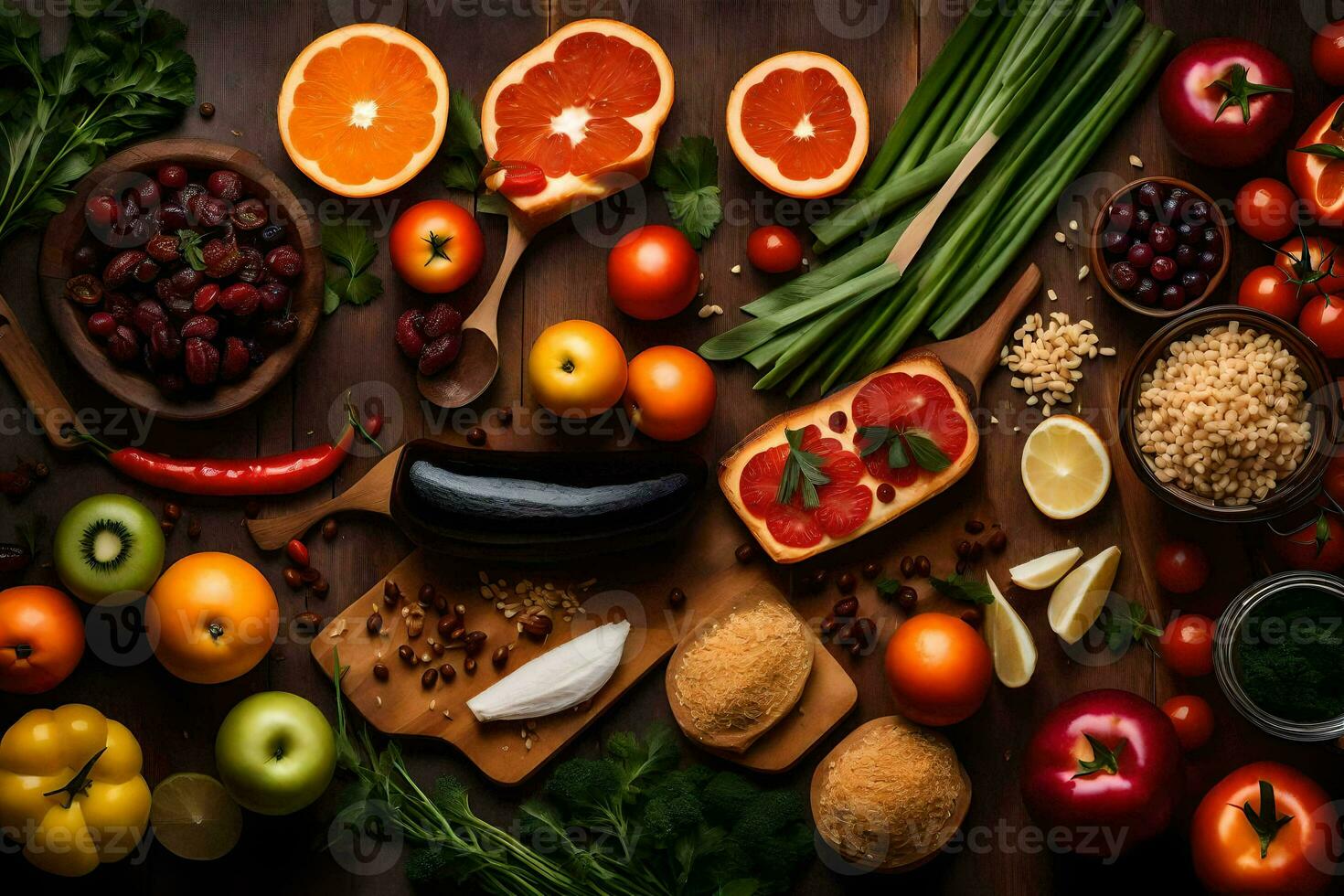 various fruits and vegetables are arranged on a wooden table. AI-Generated photo