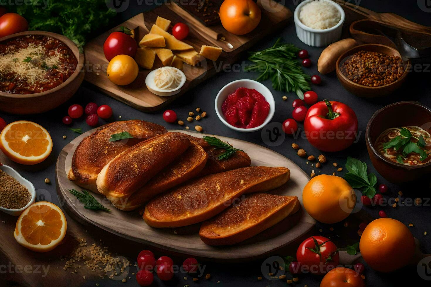 an assortment of breads, vegetables and other ingredients. AI-Generated photo