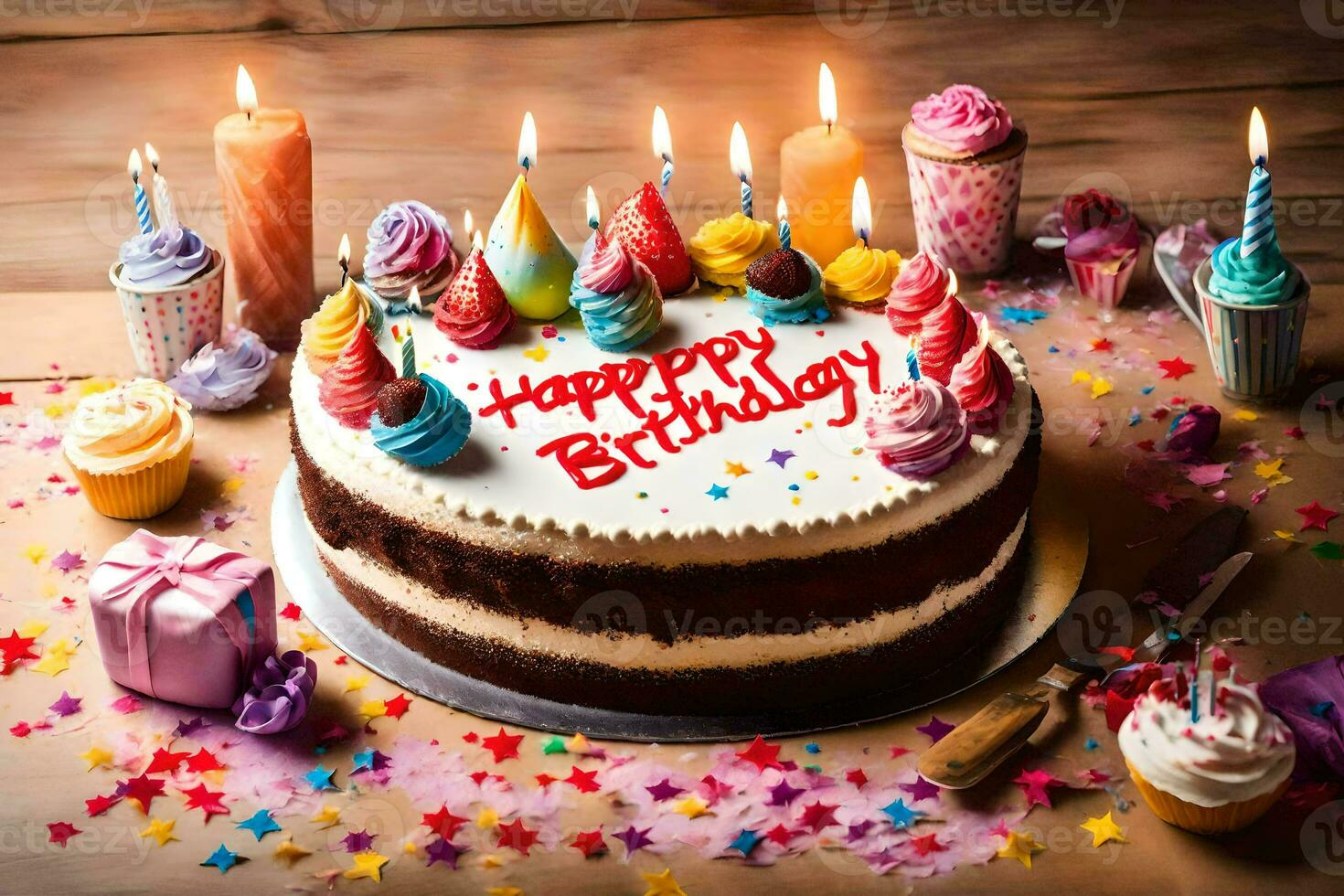 a birthday cake with candles and confetti. AI-Generated photo