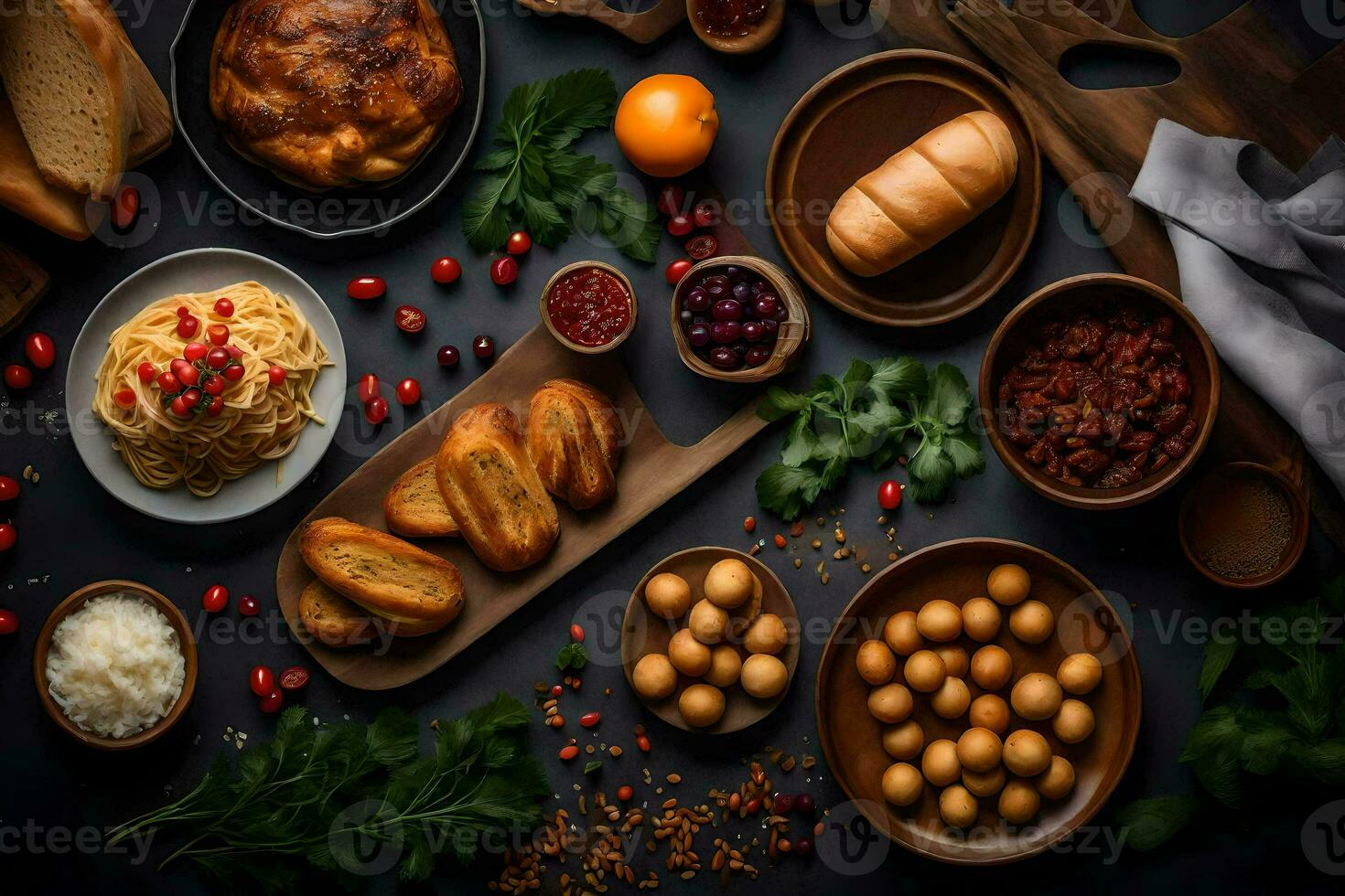 an assortment of food on a dark table. AI-Generated photo