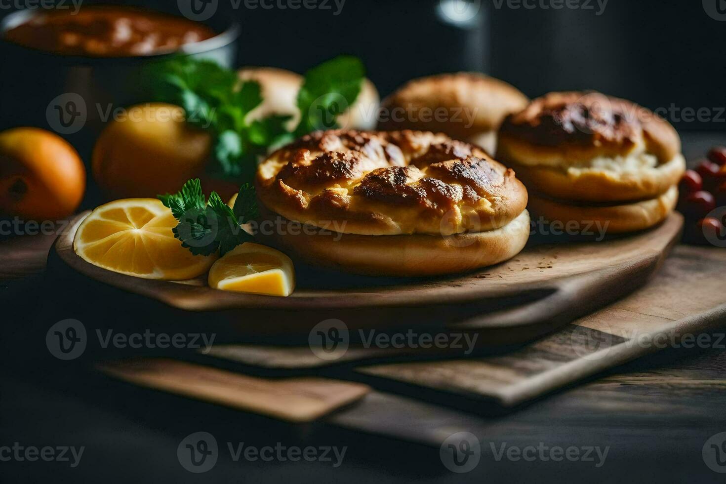 buns on a wooden board with lemons and other ingredients. AI-Generated photo