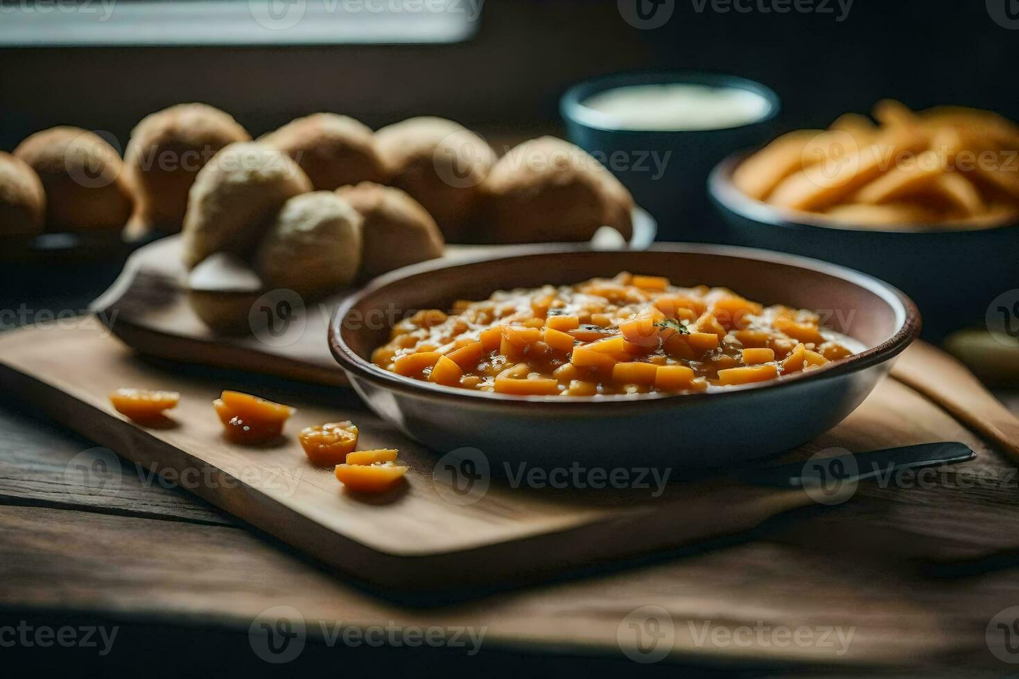 a bowl of sweet potato chips and a plate of sweet potato fries. AI-Generated photo