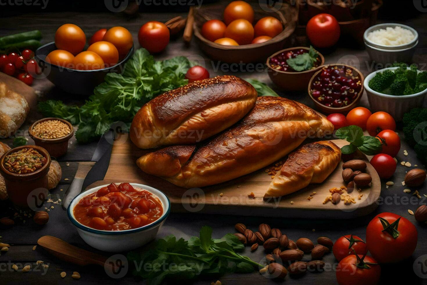 a variety of breads and other foods on a wooden table. AI-Generated photo