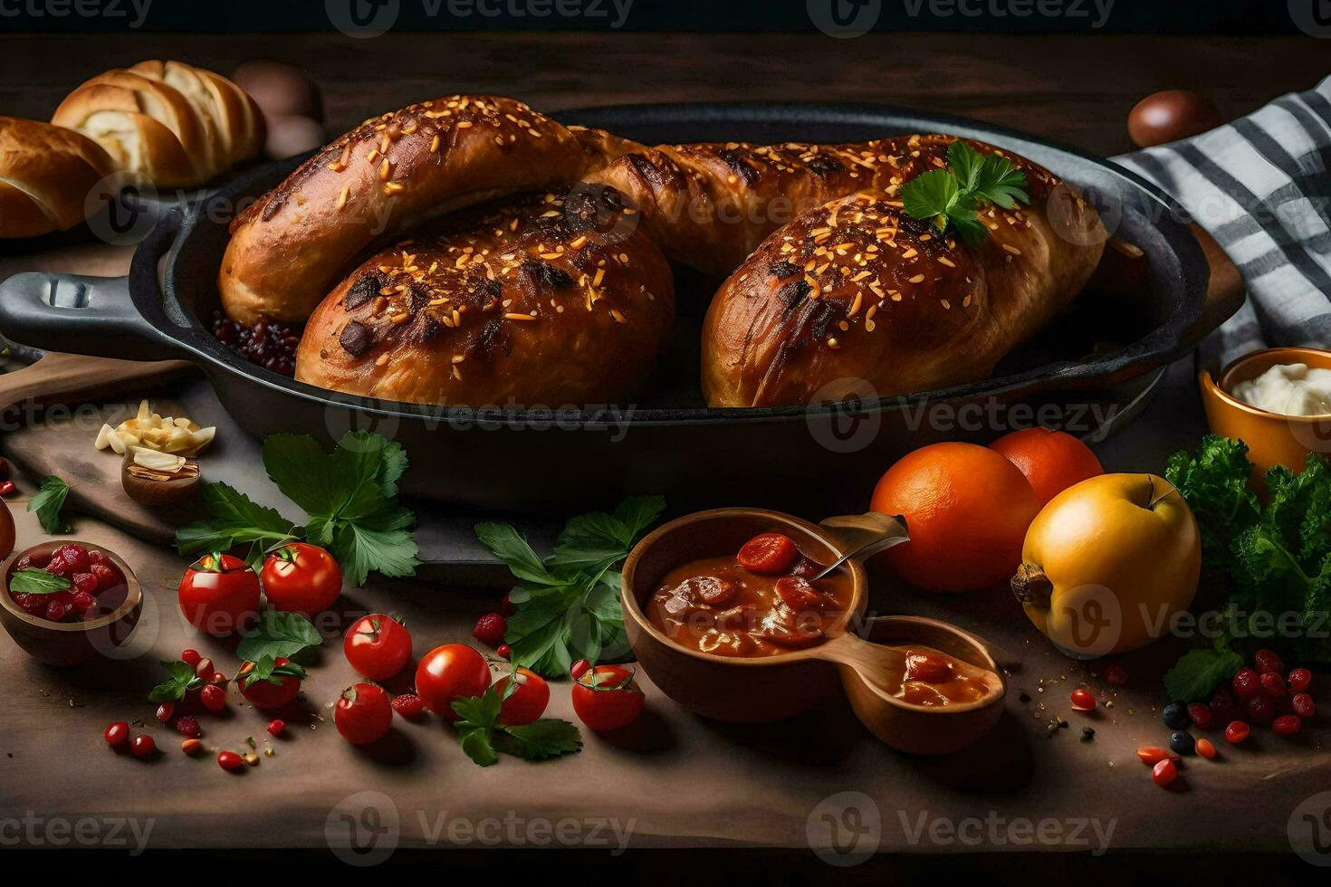 baked bread with meat and vegetables in a pan. AI-Generated photo
