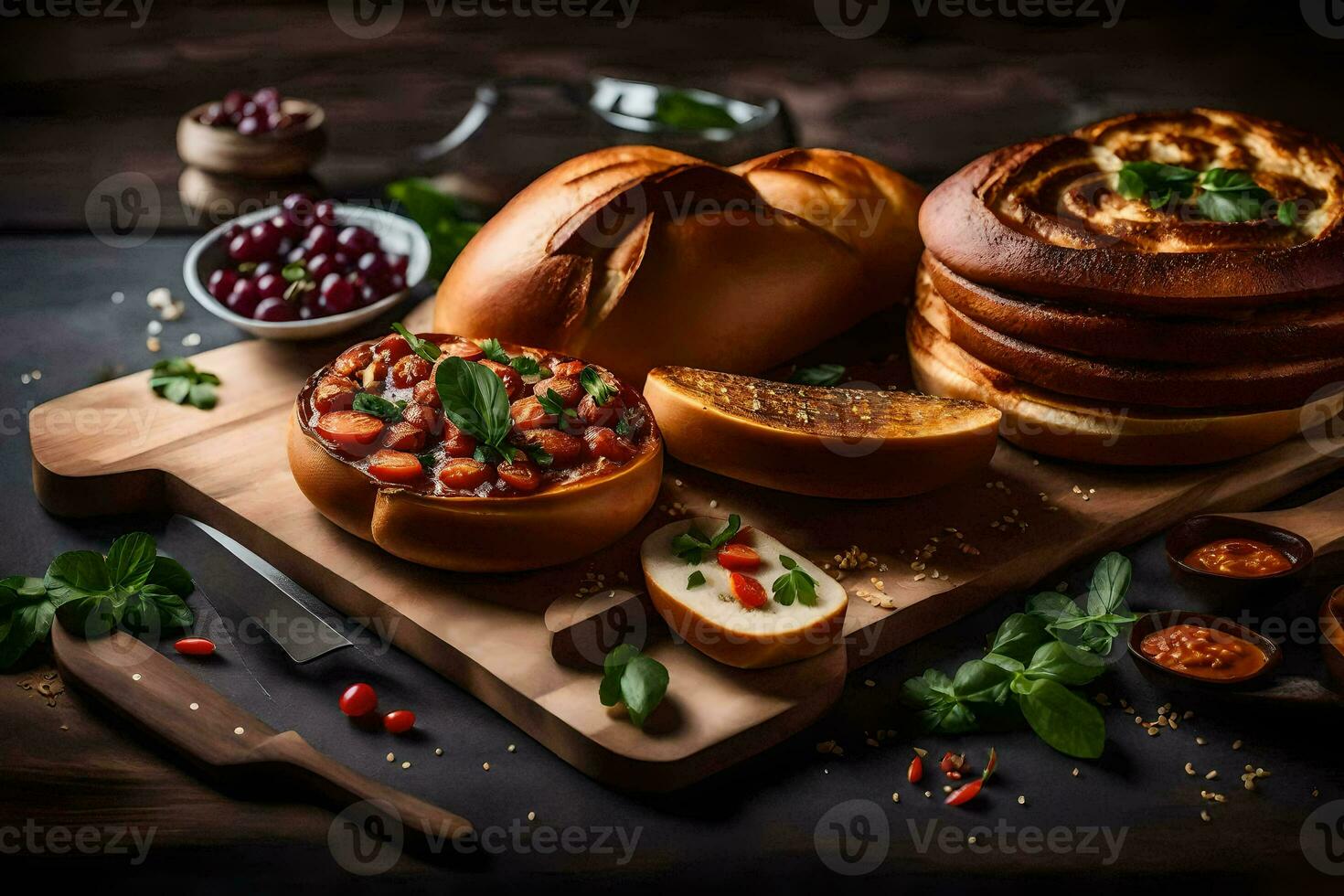 various types of breads and other foods on a cutting board. AI-Generated photo