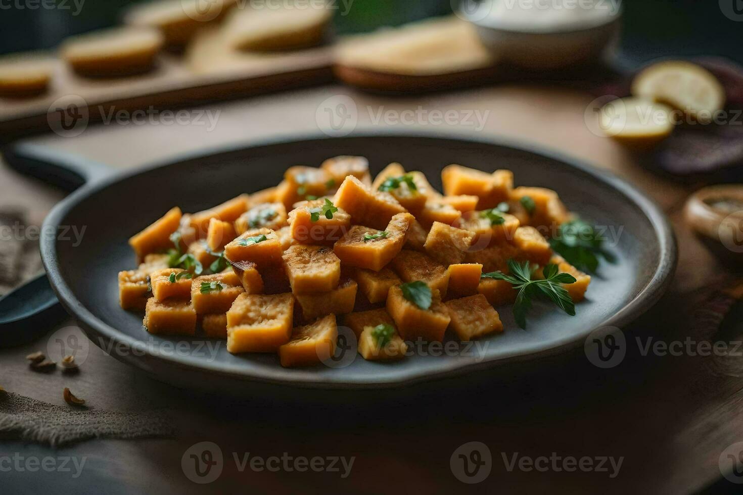 a plate of sweet potatoes with herbs and garlic. AI-Generated photo