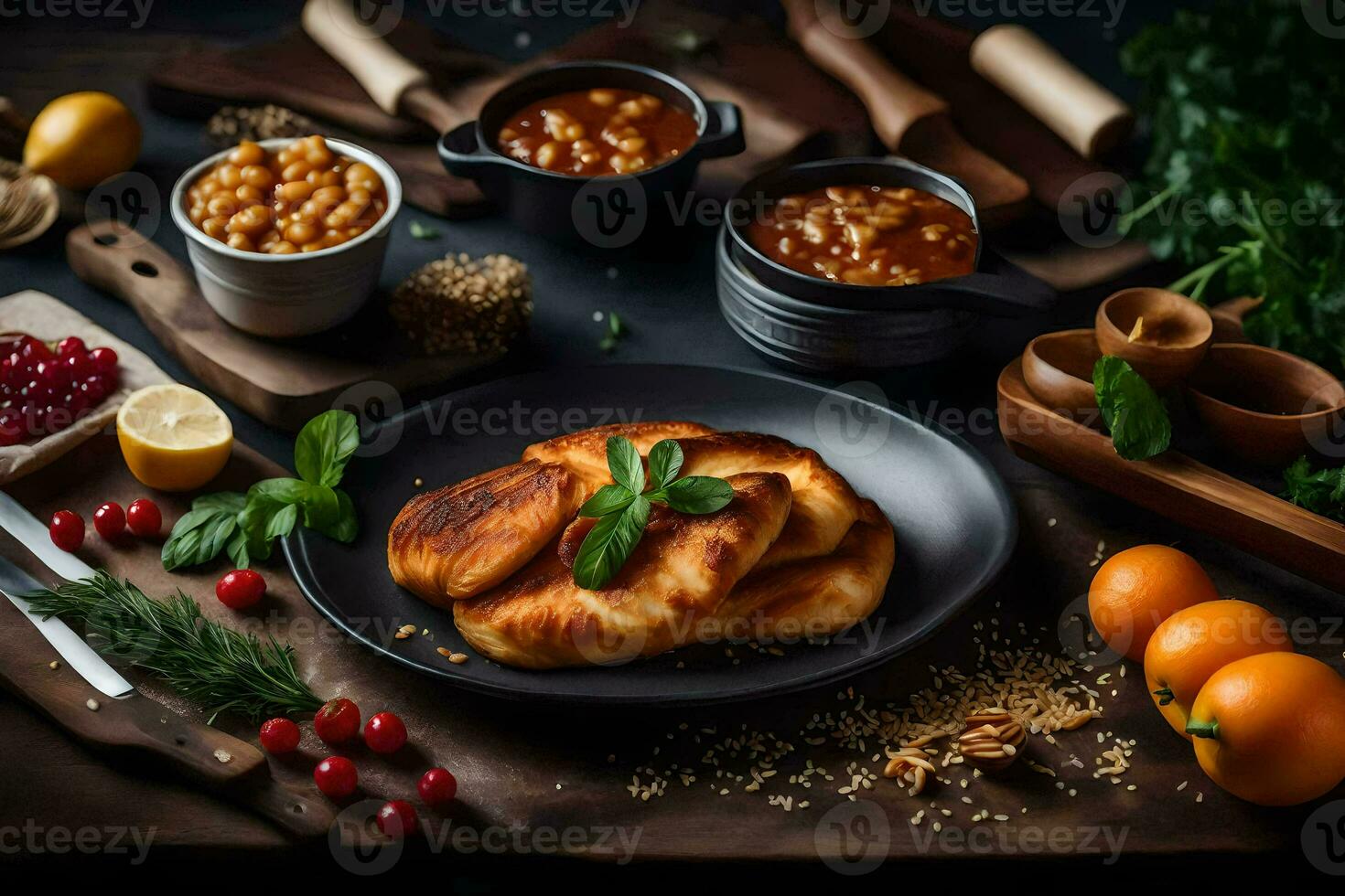 el comida es arreglado en un mesa con especias y vegetales. generado por ai foto