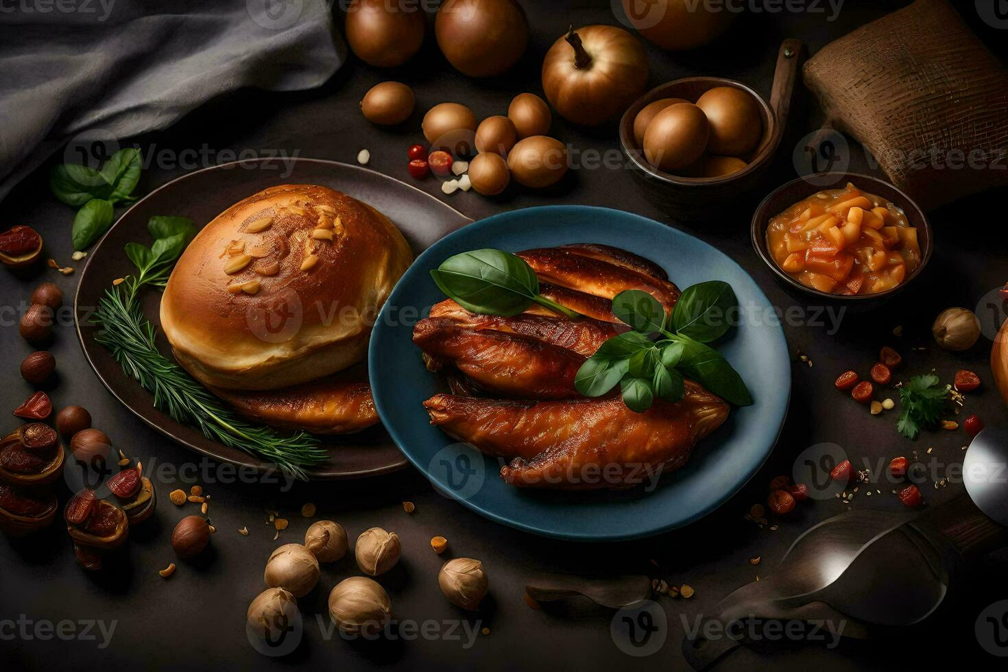 a variety of food on a dark background. AI-Generated photo