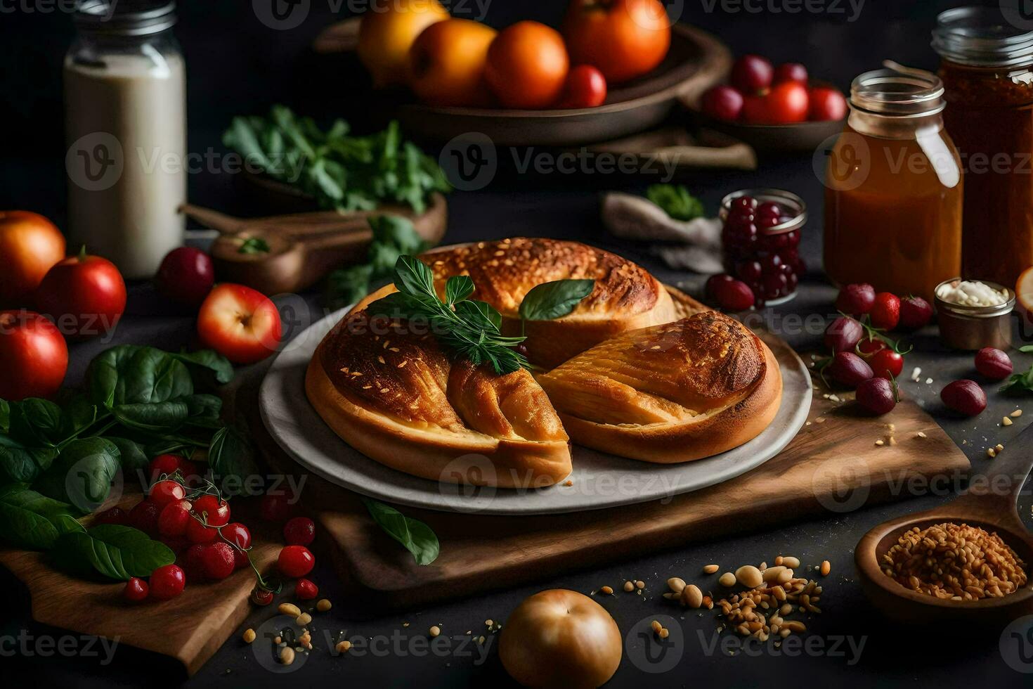 a plate with bread, vegetables and other ingredients. AI-Generated photo