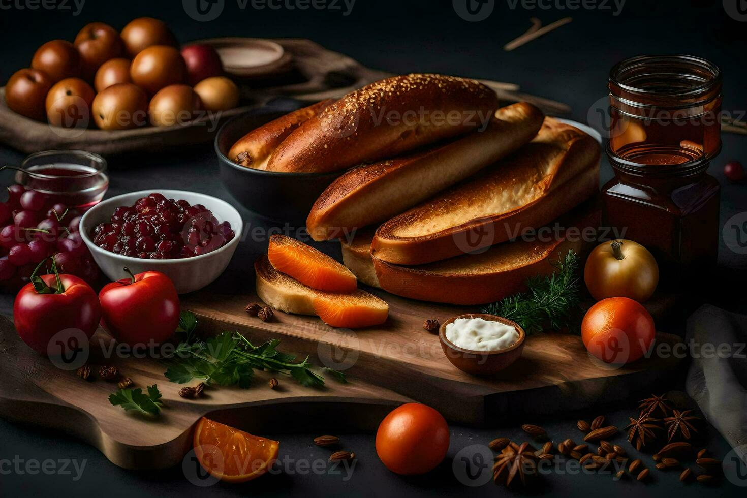 a table with bread, apples, oranges and other foods. AI-Generated photo