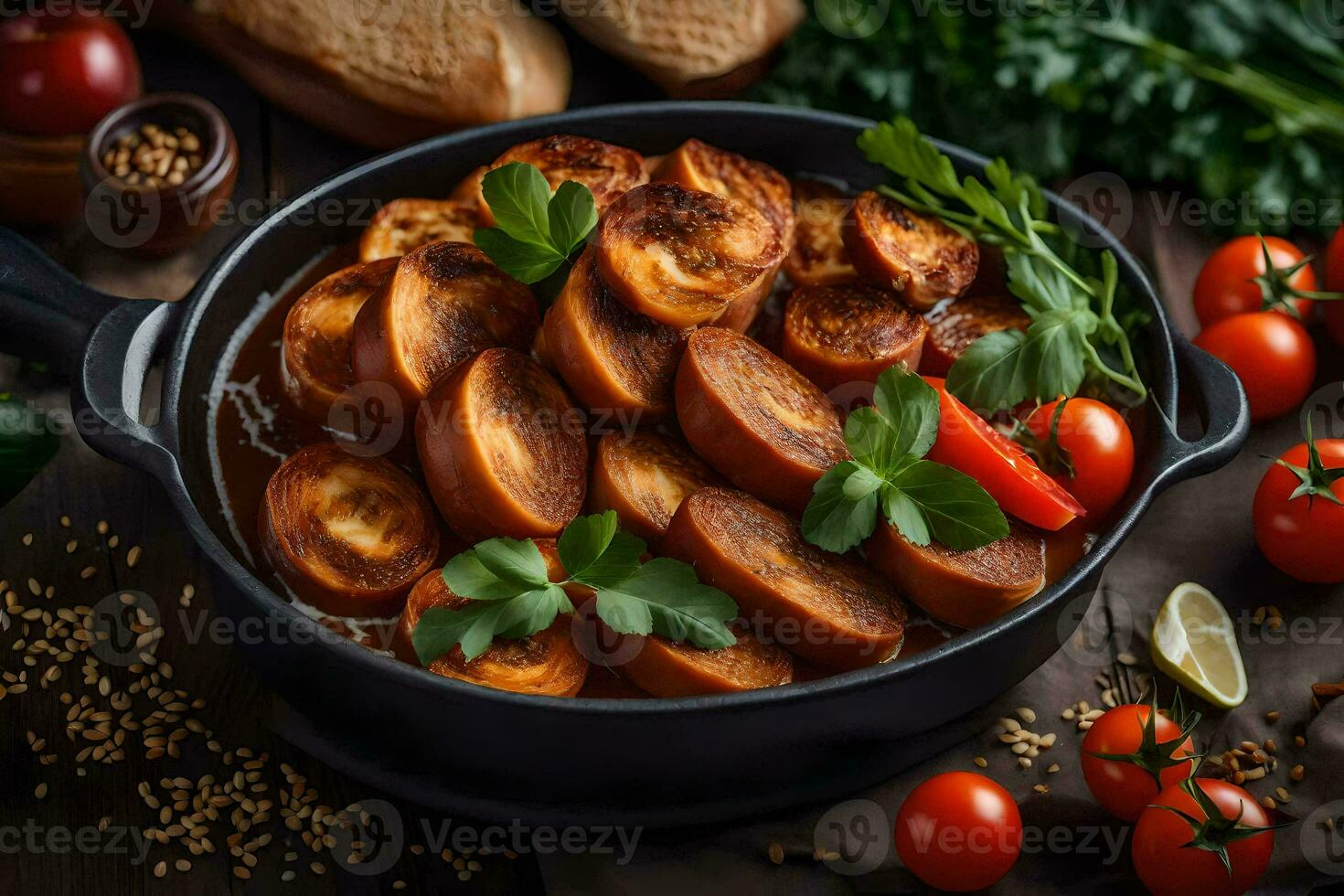 a pan filled with potatoes and tomatoes on a table. AI-Generated photo