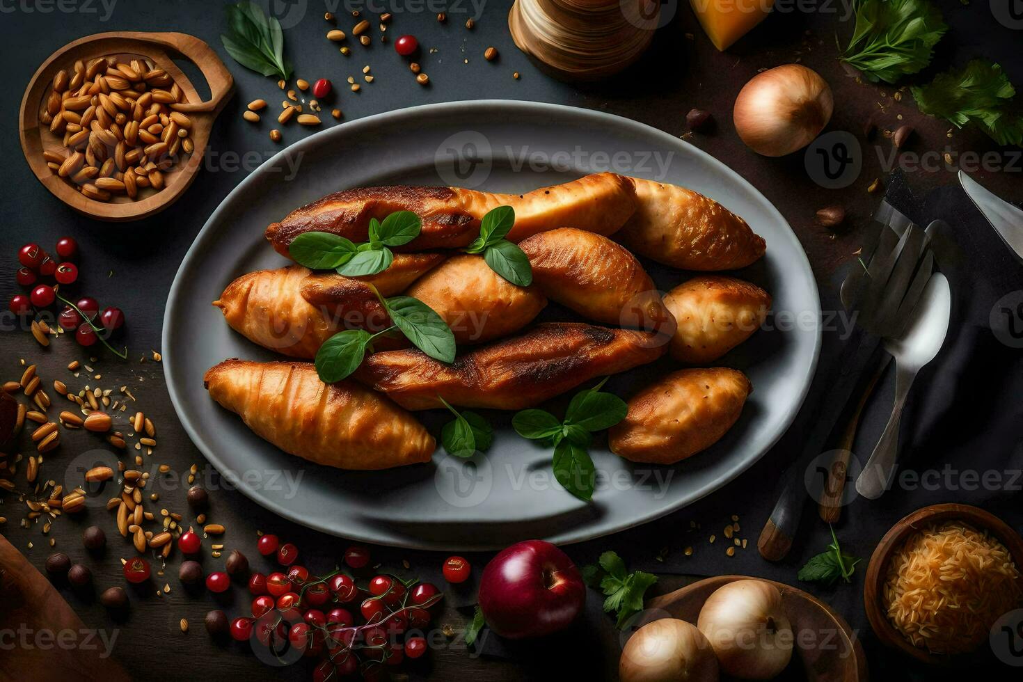 baked croissants with cheese and herbs on a dark background. AI-Generated photo