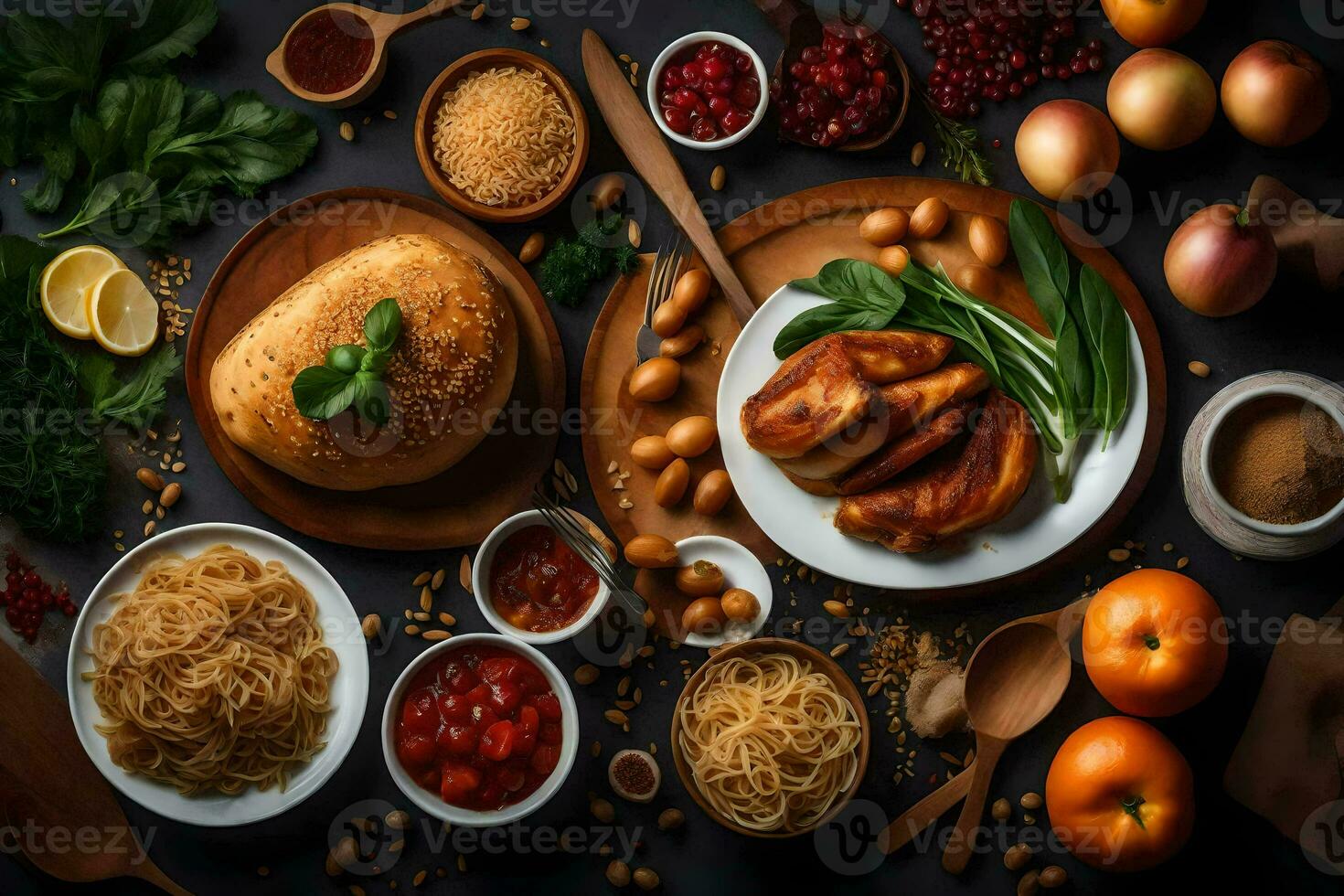 various foods including noodles, vegetables and spices. AI-Generated photo