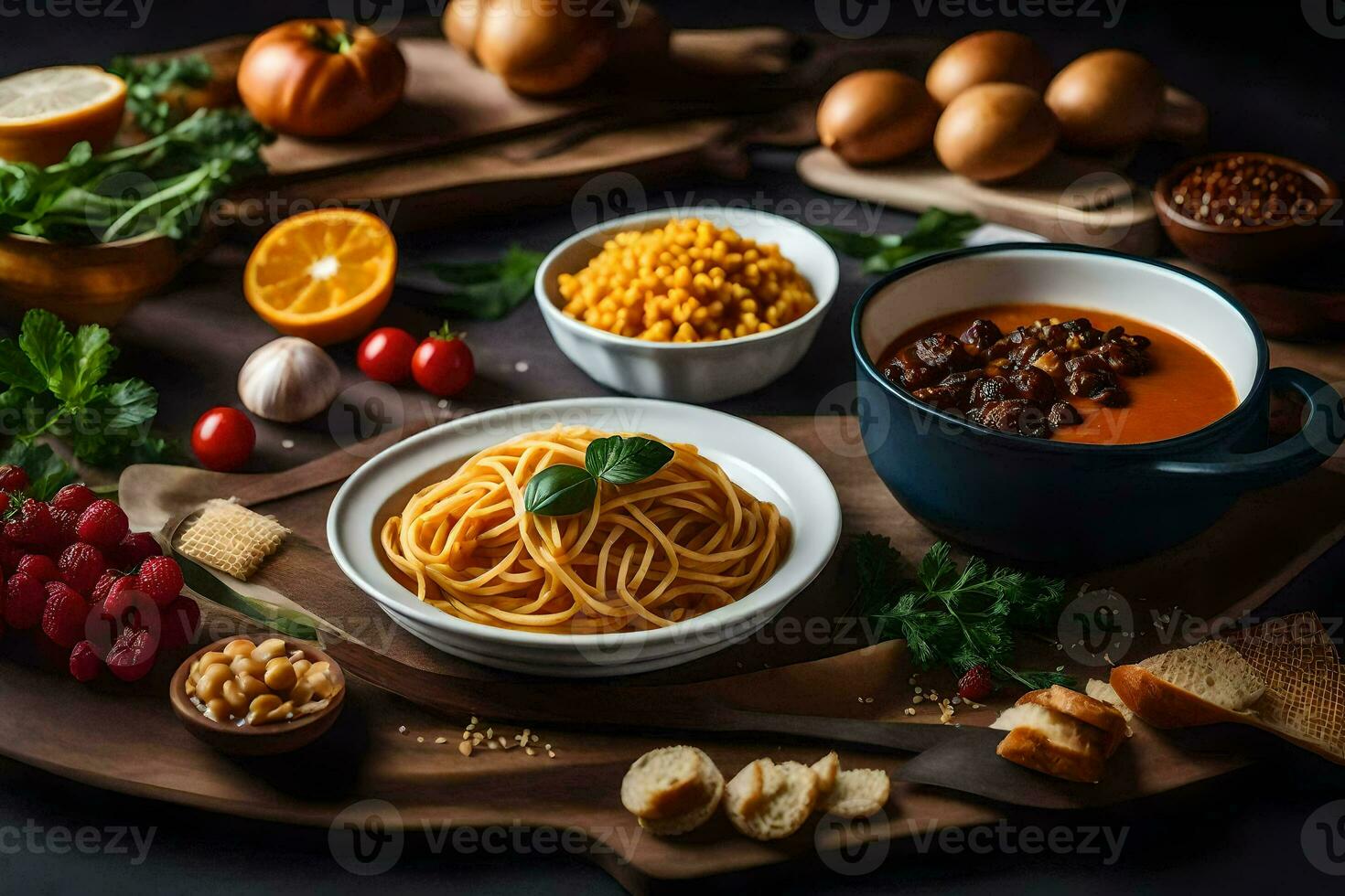 espaguetis, Tomates, pan, y otro ingredientes en un mesa. generado por ai foto