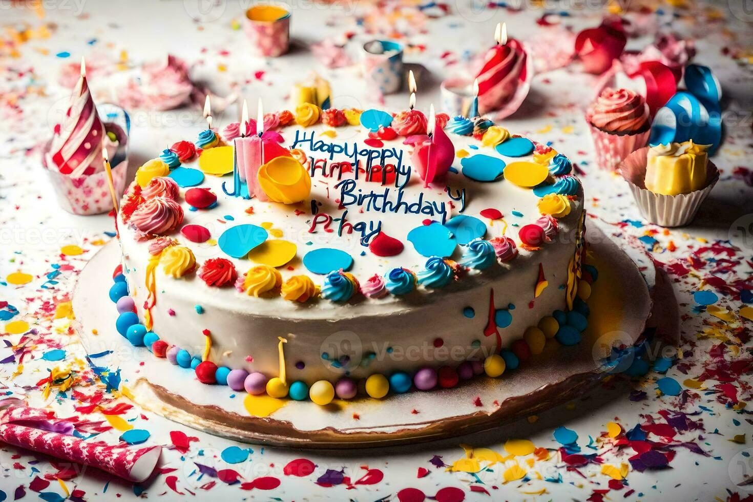 un cumpleaños pastel con vistoso asperja y velas generado por ai foto