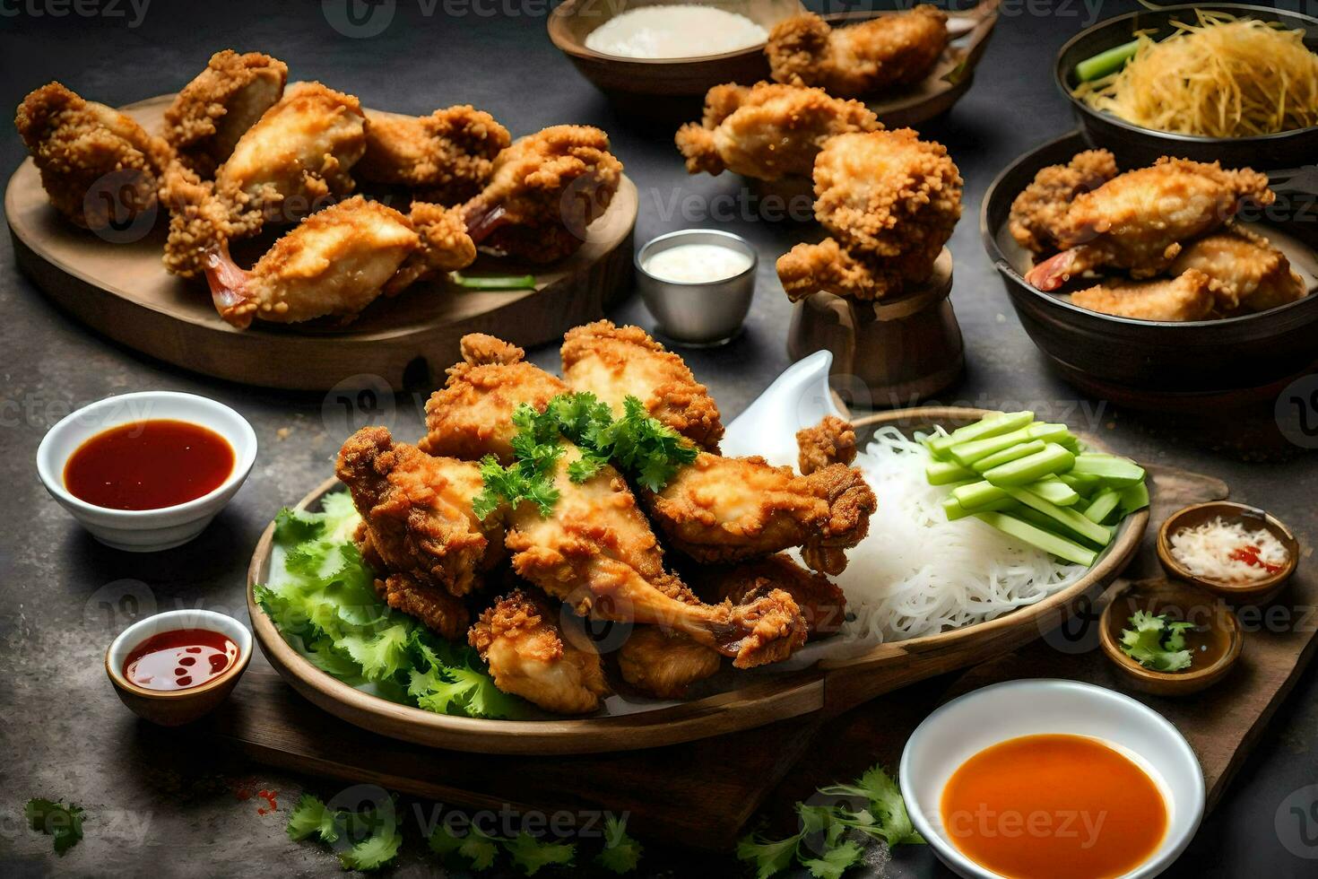 chicken wings on a wooden board with dipping sauce. AI-Generated photo