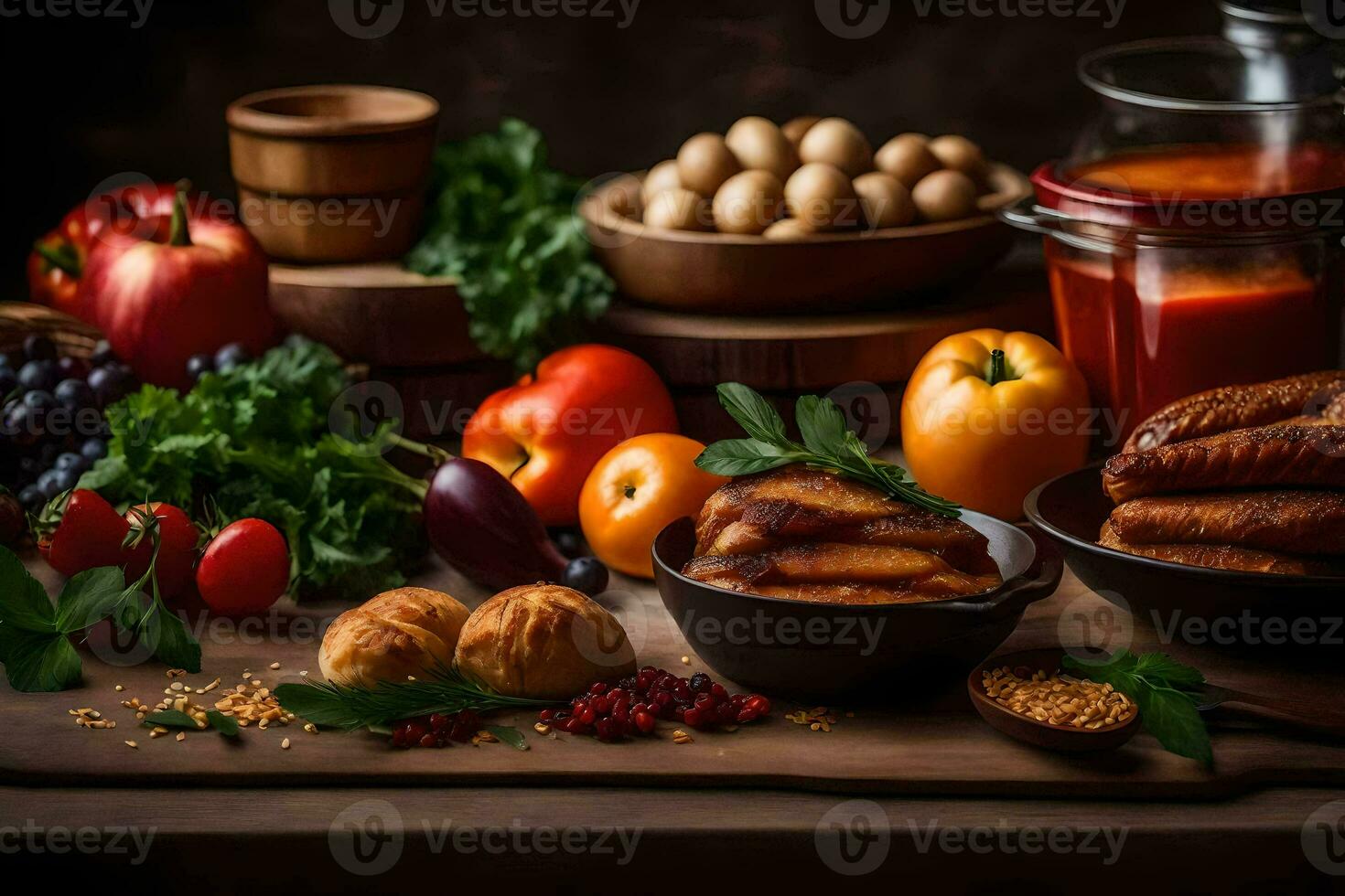 foods on a table with vegetables and meat. AI-Generated photo