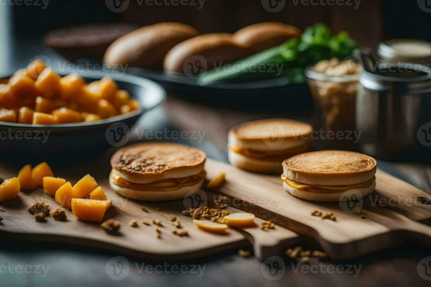 a wooden cutting board with sandwiches and other food. AI-Generated photo