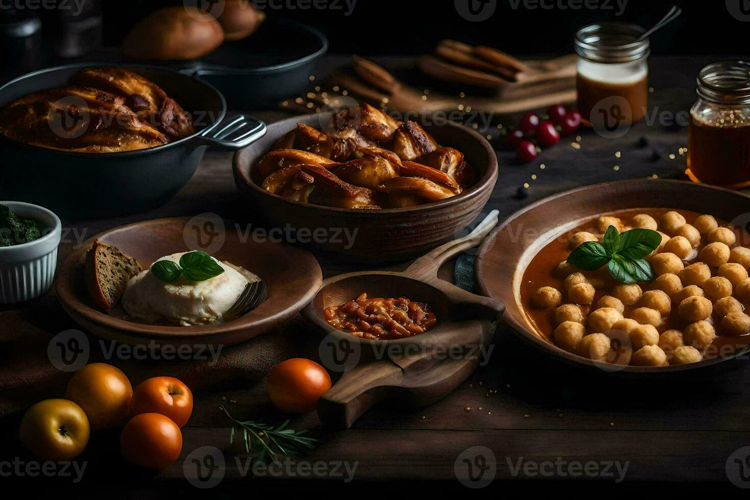 a table with bowls of food and other dishes. AI-Generated photo