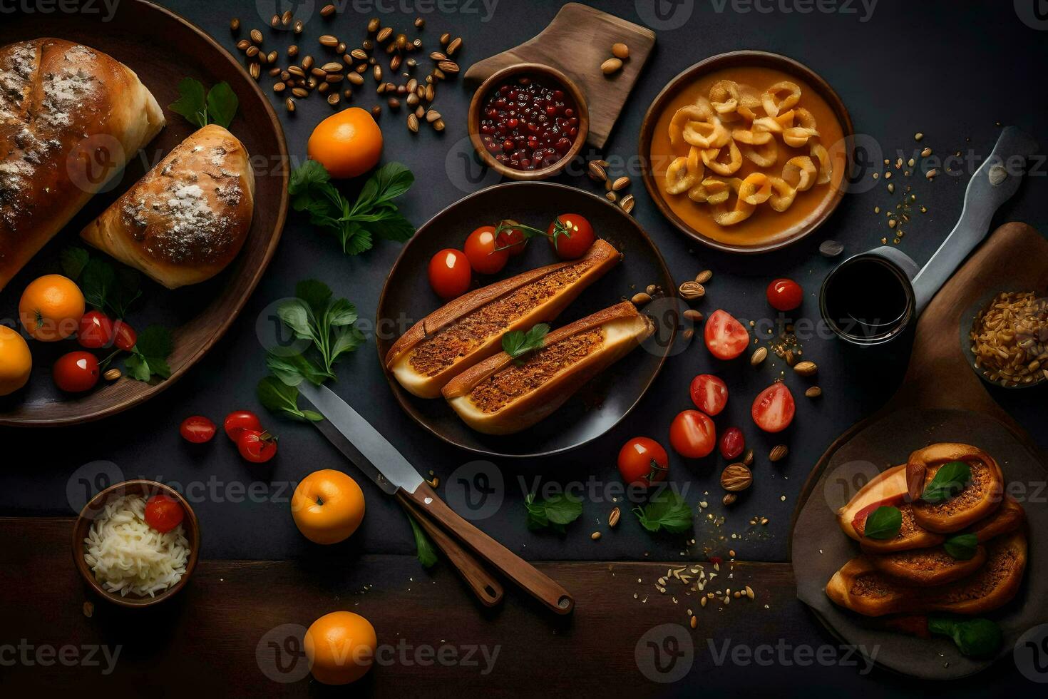 various types of food on a black background. AI-Generated photo