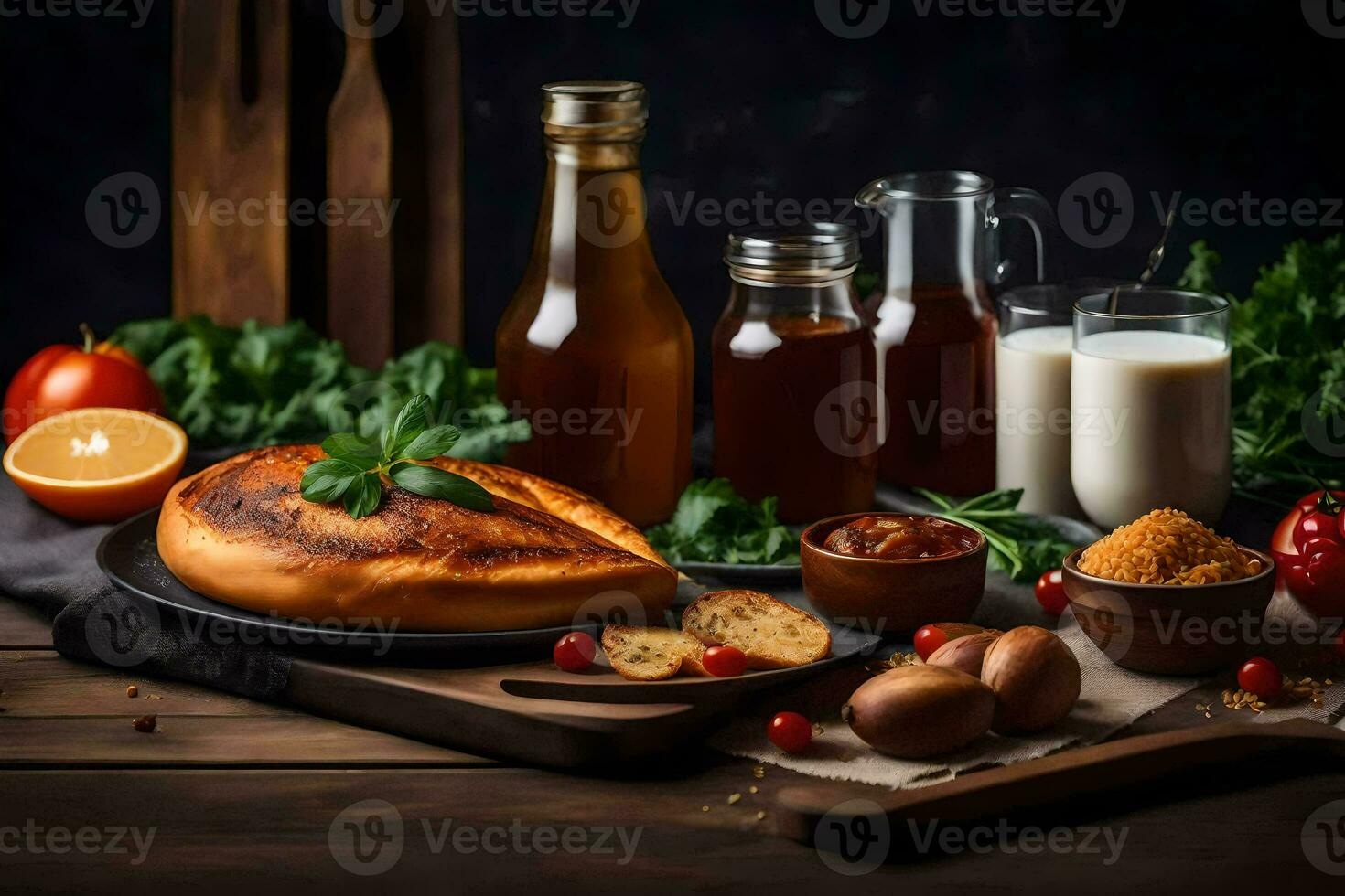 turkey breast with vegetables and milk on a wooden table. AI-Generated photo