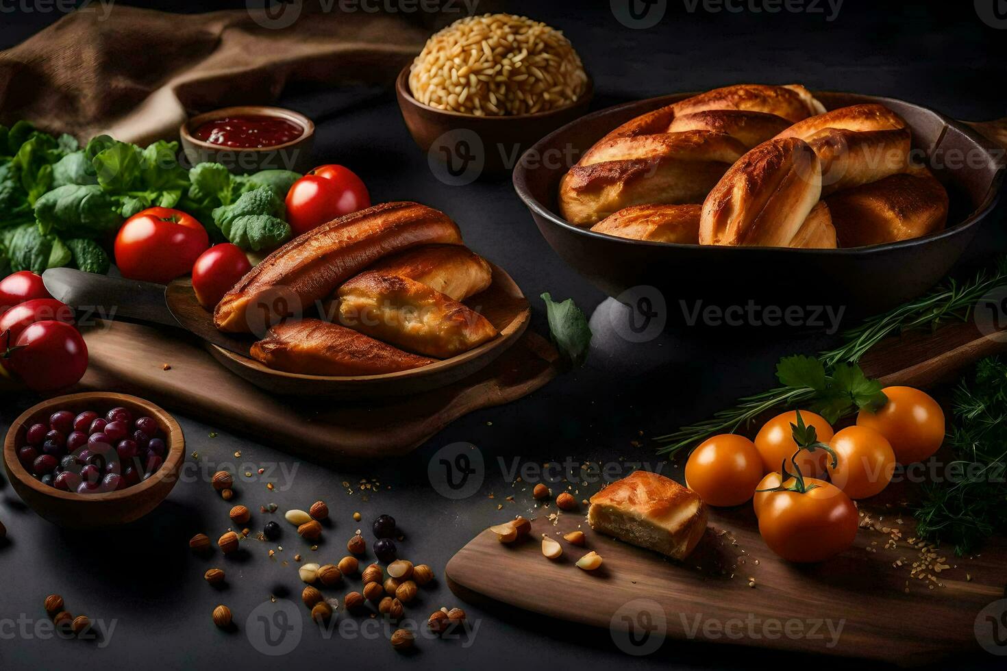 el comida es arreglado en un mesa con pan, vegetales y otro ingredientes. generado por ai foto
