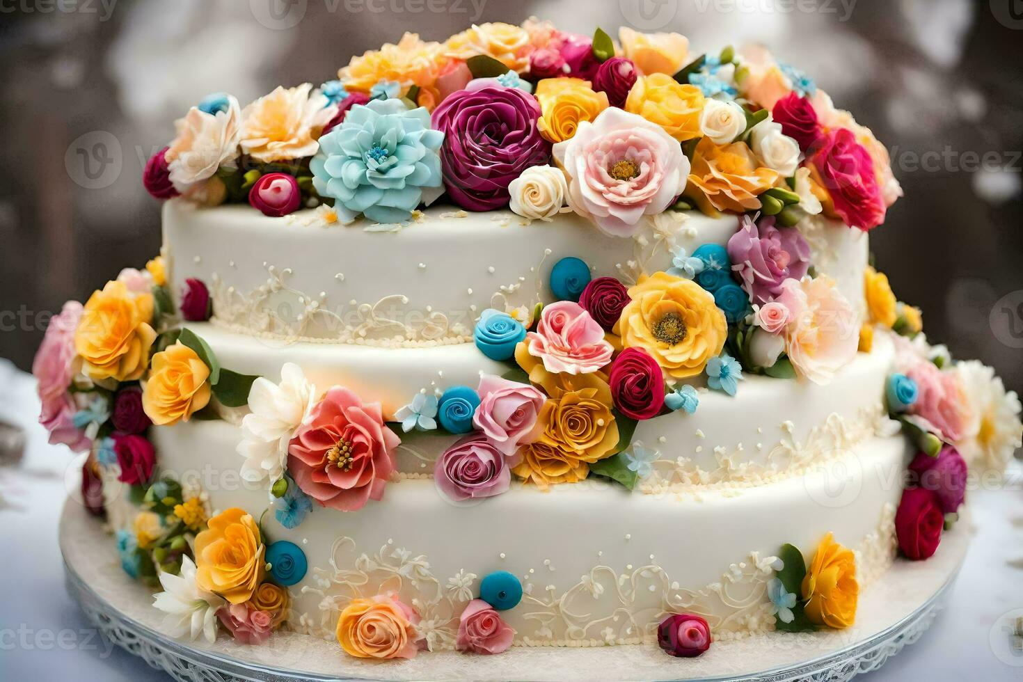 a white cake with colorful flowers on top. AI-Generated photo