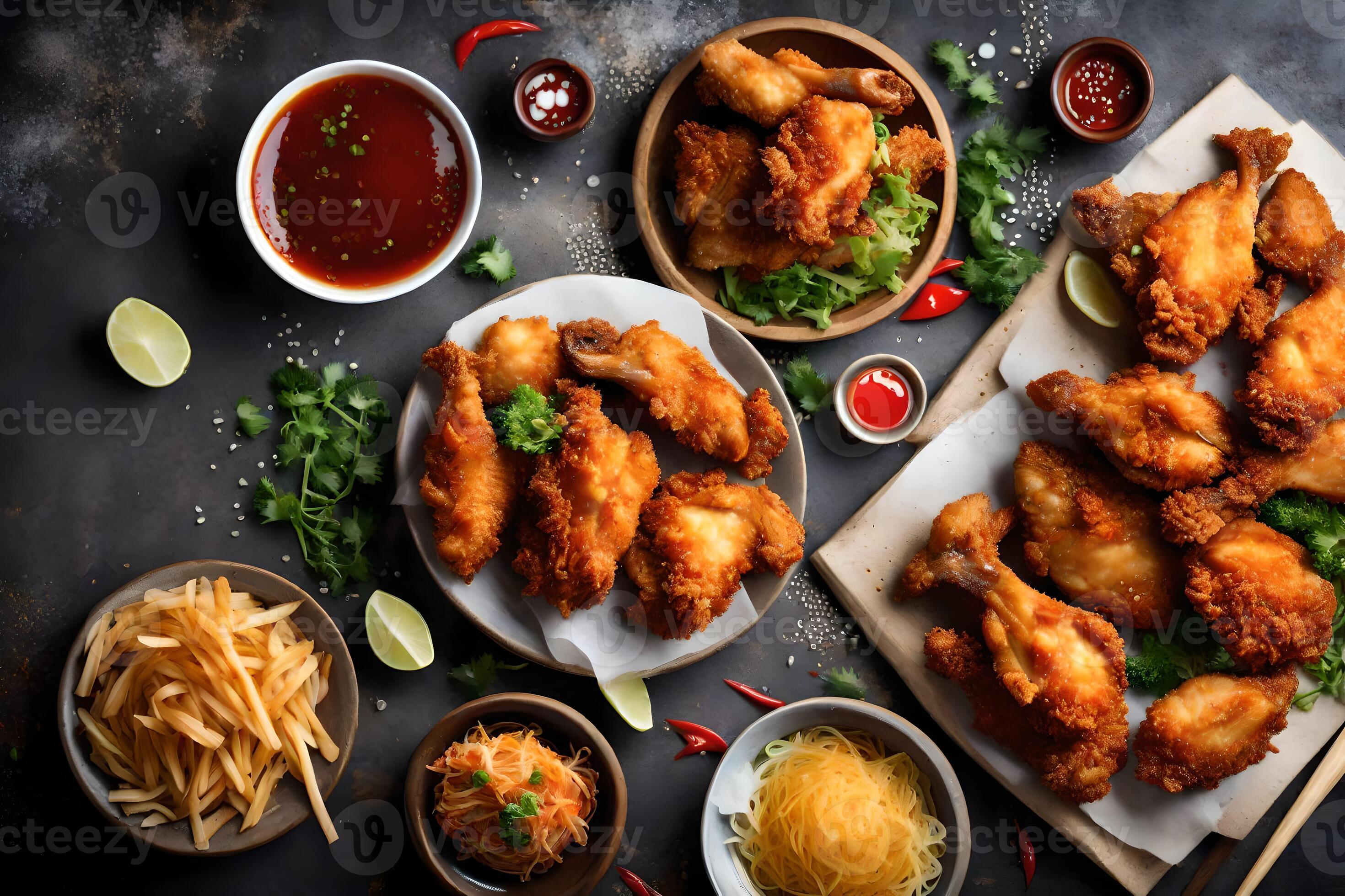 chicken wings and fries on a table. AIGenerated 33743376 Stock Photo