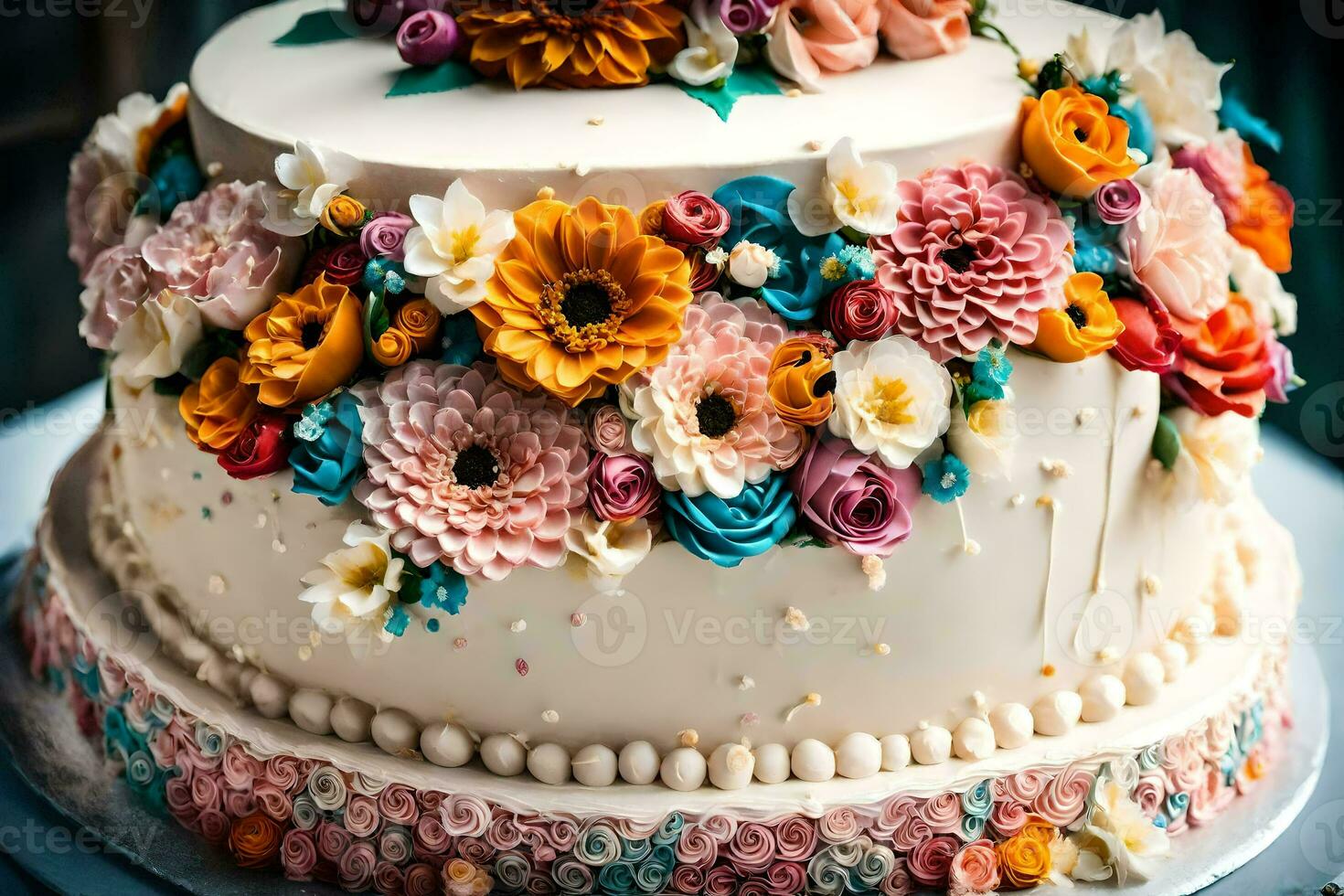 a wedding cake with colorful flowers on top. AI-Generated photo