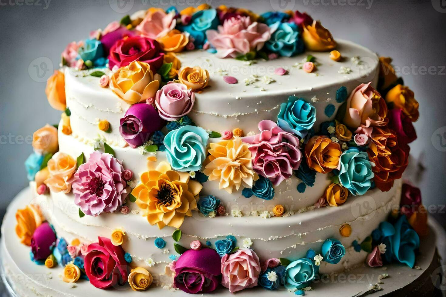 a cake decorated with colorful flowers. AI-Generated photo