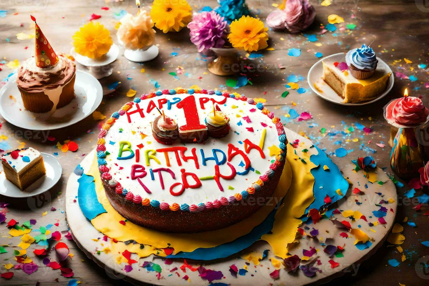 a birthday cake with the number one on it. AI-Generated photo