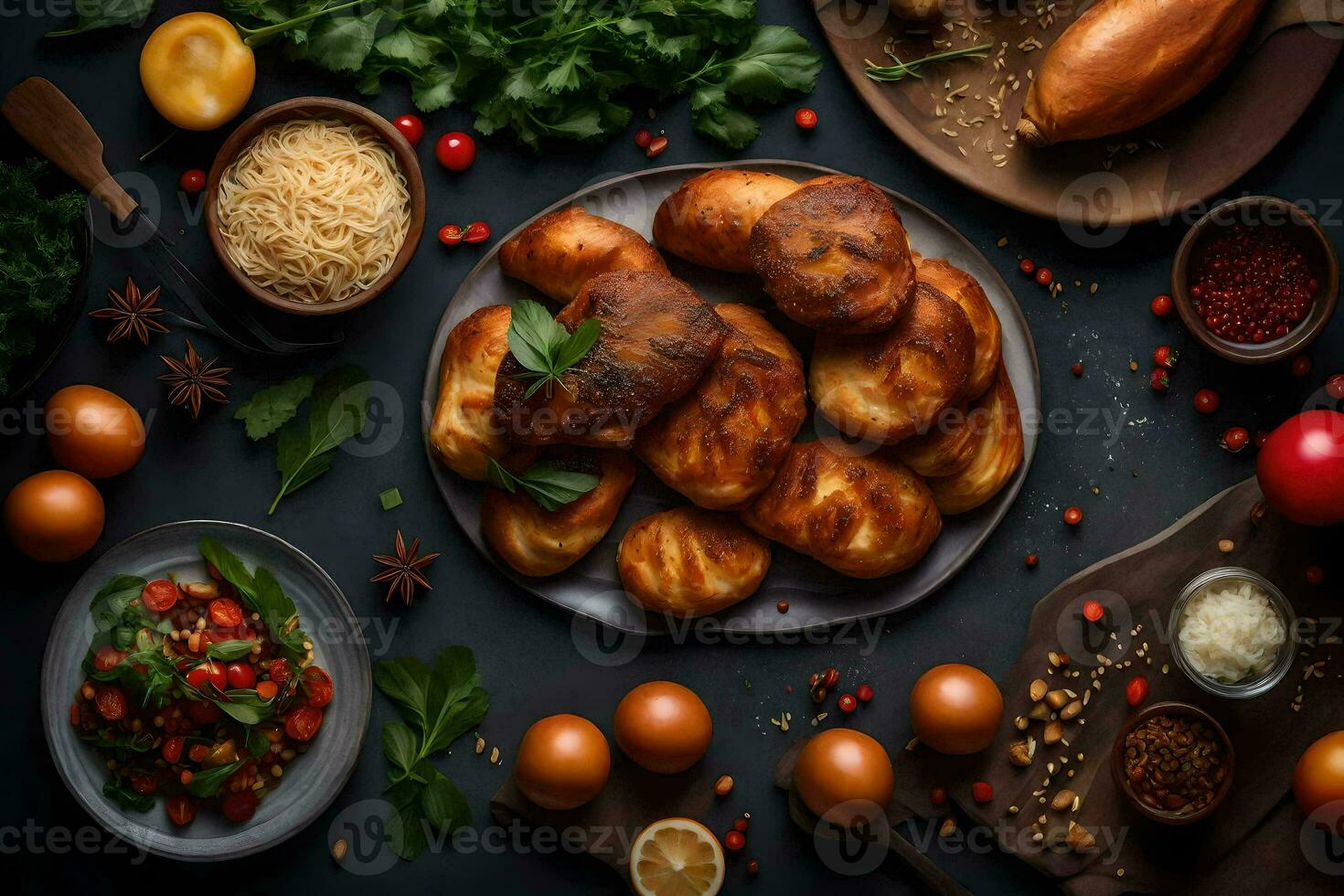 a variety of food on a black background. AI-Generated photo