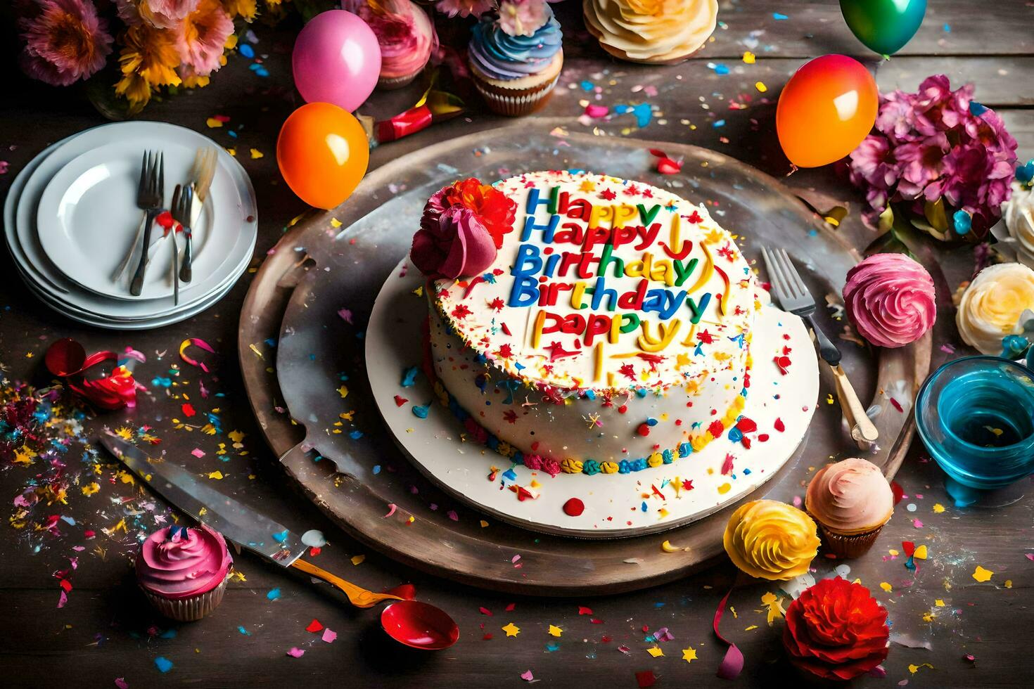 a birthday cake with colorful confetti and balloons. AI-Generated photo