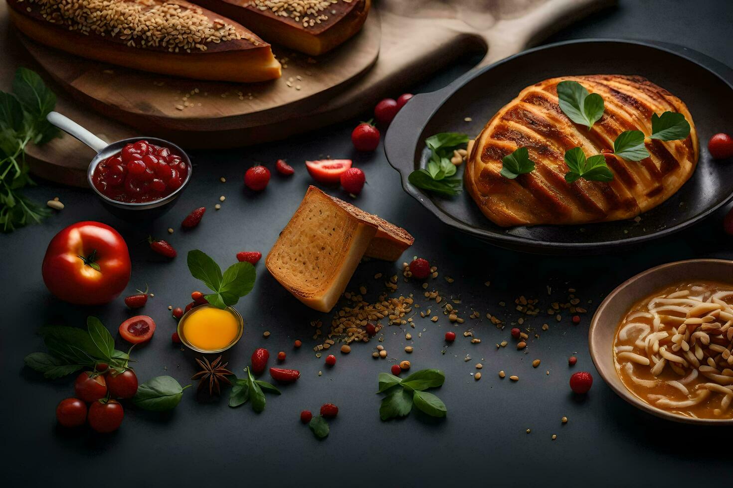 grilled bread with tomato sauce and cheese on a black background. AI-Generated photo