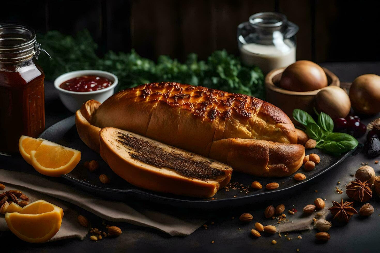 a loaf of bread with nuts and spices on a black plate. AI-Generated photo