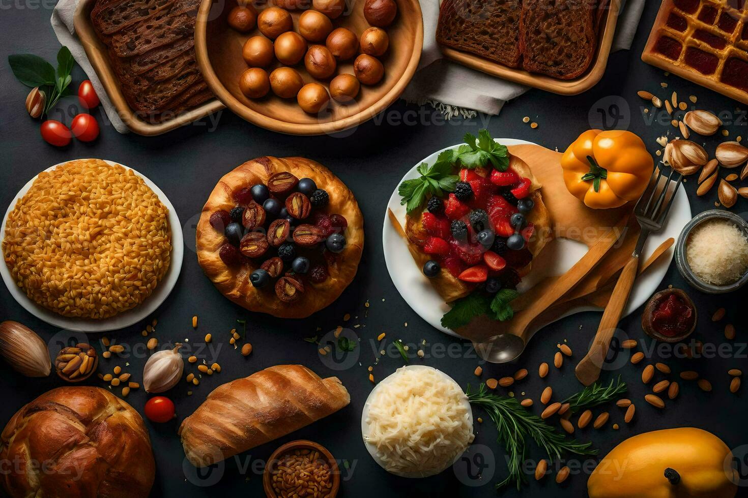 varios tipos de comida en un negro antecedentes. generado por ai foto