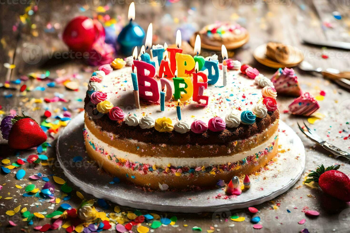 a birthday cake with candles and confetti. AI-Generated photo