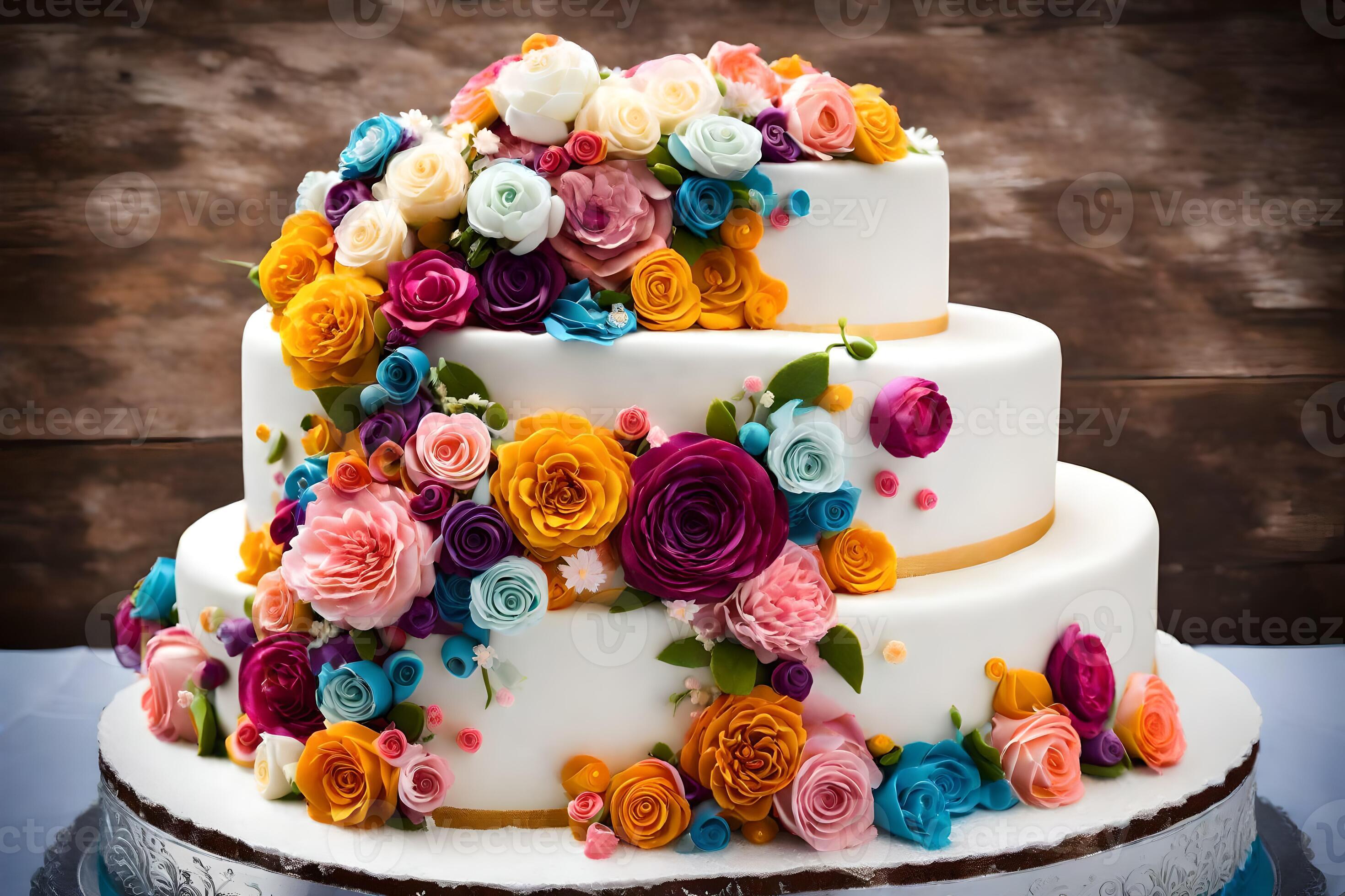 a three tiered cake with colorful flowers on top. AI-Generated 33744050