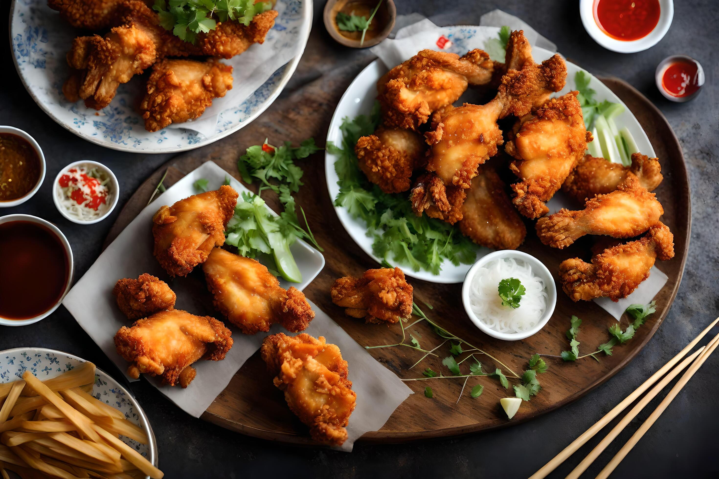 chicken wings and fries on a table. AIGenerated 33744137 Stock Photo