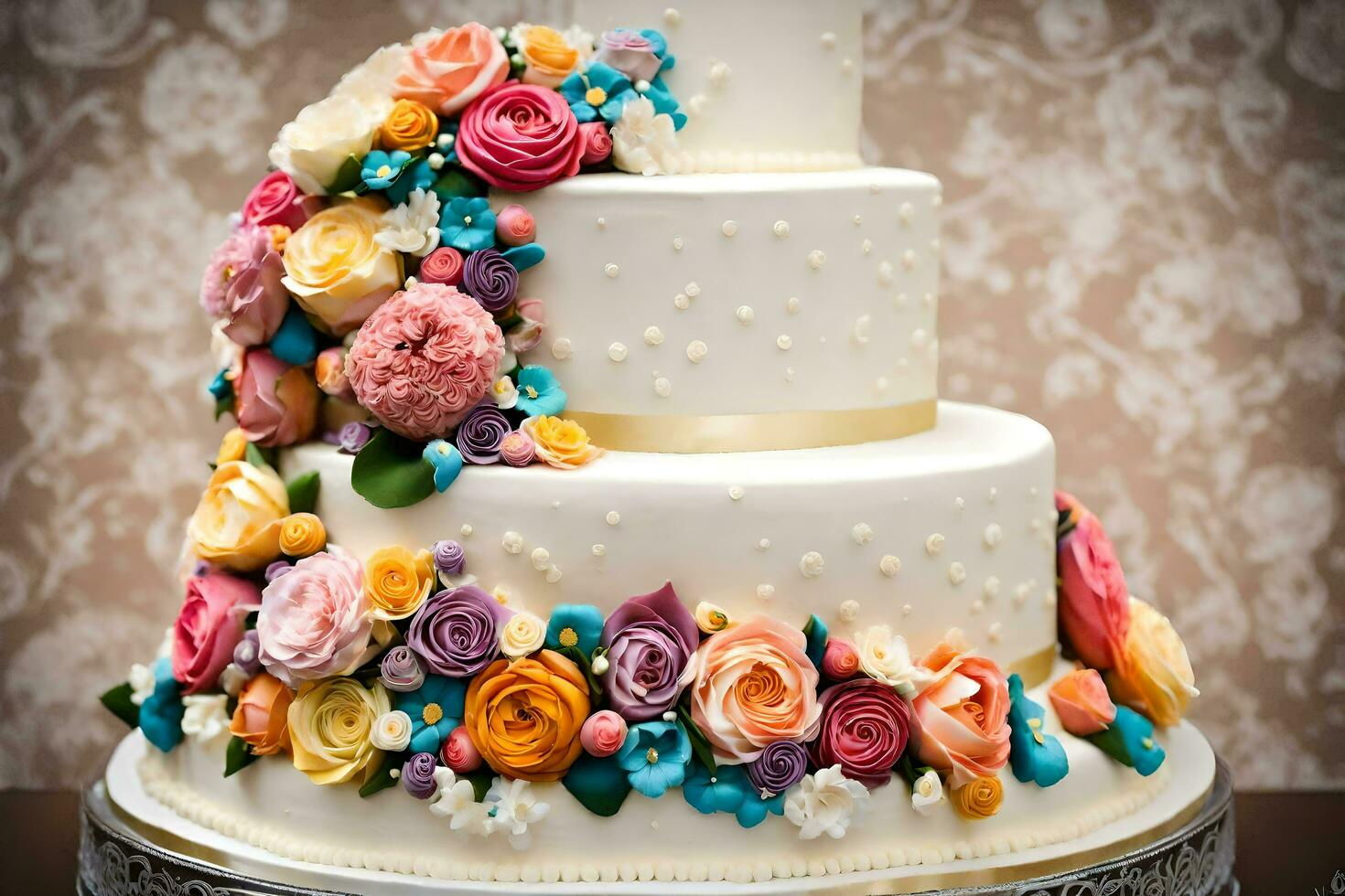 a three tiered cake with colorful flowers on top. AI-Generated photo