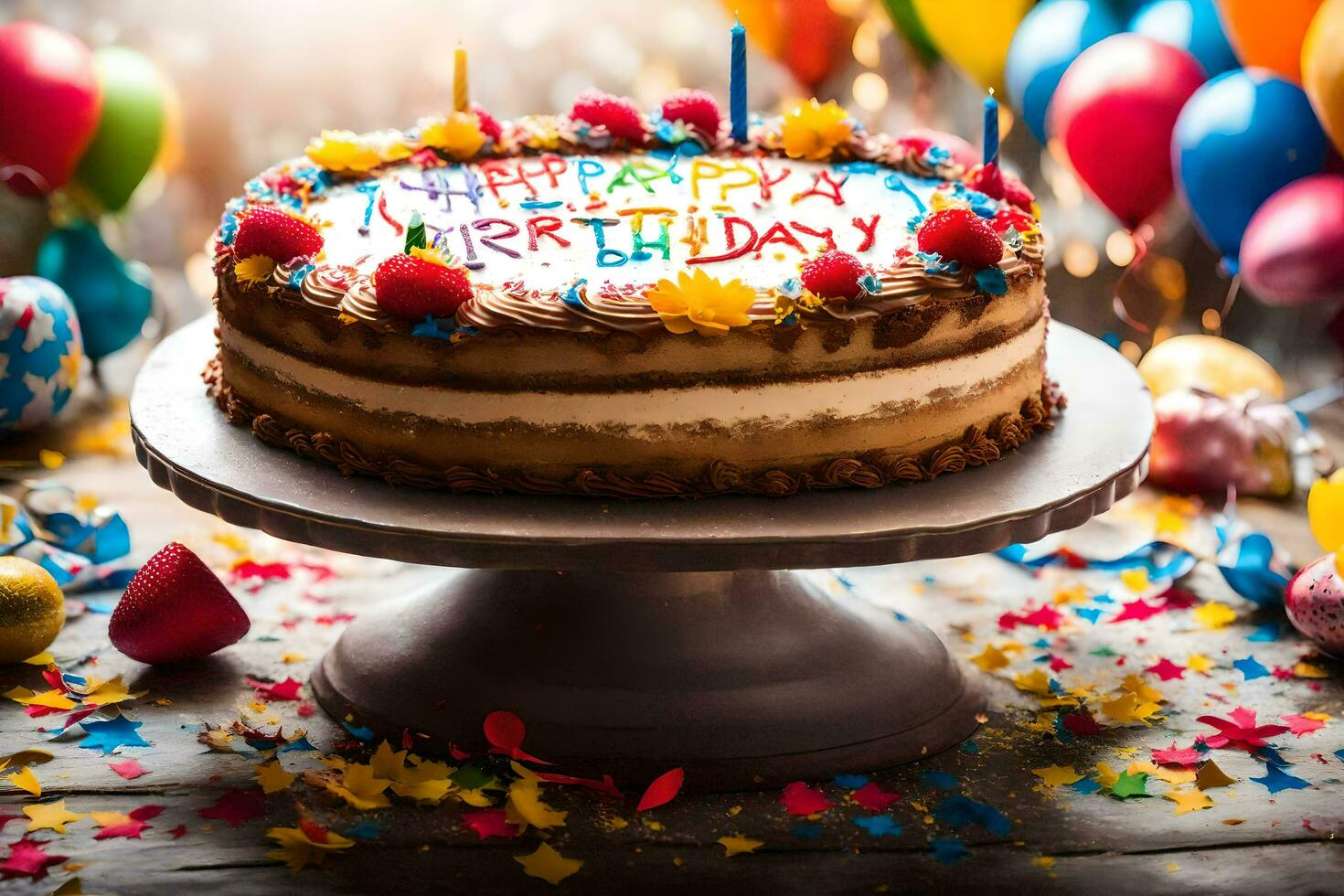 un cumpleaños pastel es rodeado por globos y papel picado. generado por ai foto