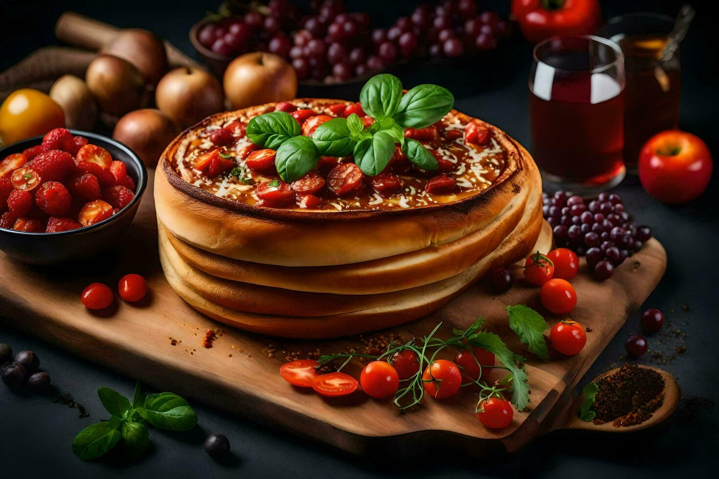 a pizza with tomatoes, basil and other ingredients. AI-Generated photo